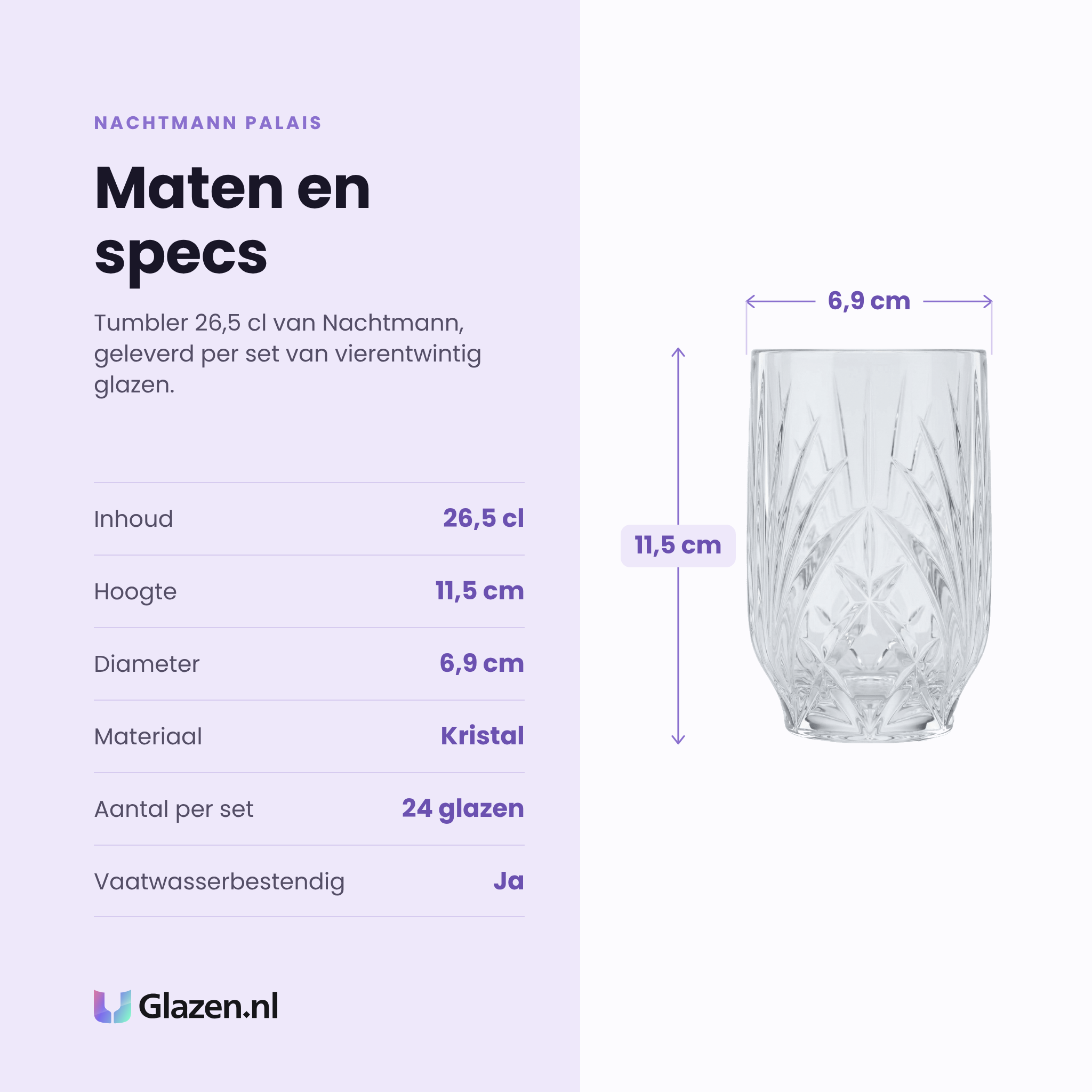 Nachtmann Palais tumbler 26,5 cl specificaties: inhoud 26,5 cl, hoogte 11,5 cm, diameter 6,9 cm, kristal, set van 24