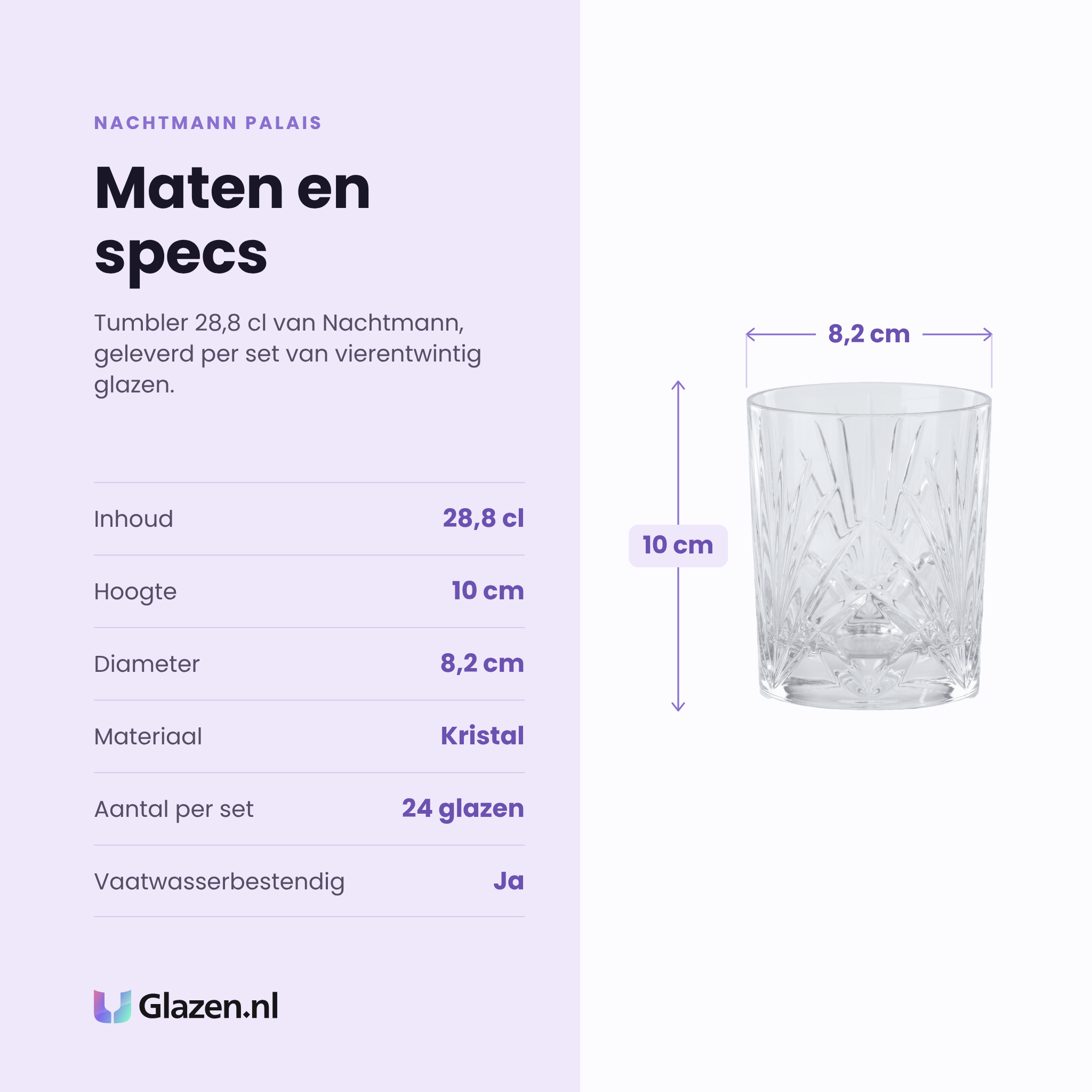 Nachtmann Palais tumbler 28,8 cl specificaties: inhoud 28,8 cl, hoogte 10 cm, diameter 8,2 cm, kristal, set van 24