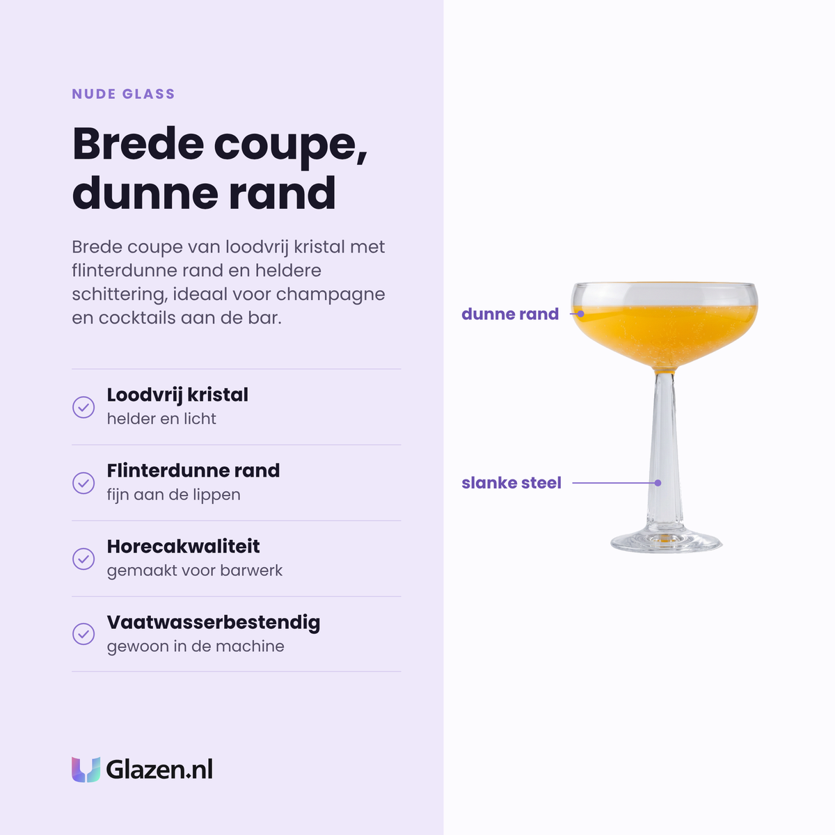 NUDE Glass champagnecoupe 23,5 cl eigenschappen: loodvrij kristal, flinterdunne rand, horecakwaliteit voor barwerk, vaatwasserbestendig