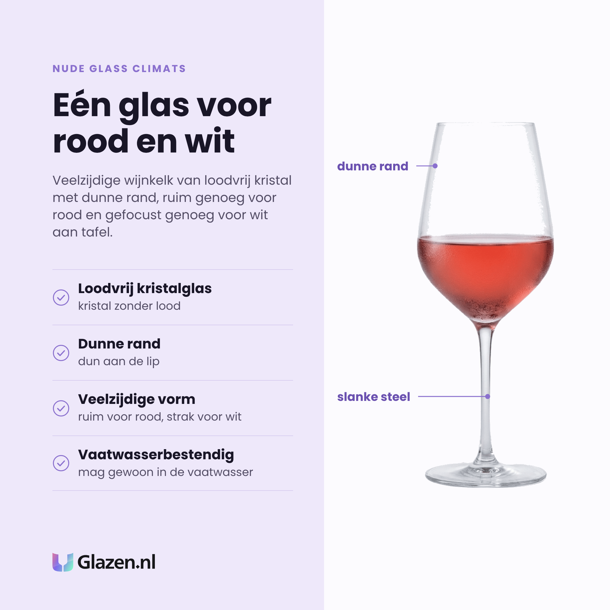 Nude Glass Climats wijnglas 50 cl eigenschappen: loodvrij kristalglas, dunne rand, veelzijdige vorm, vaatwasserbestendig