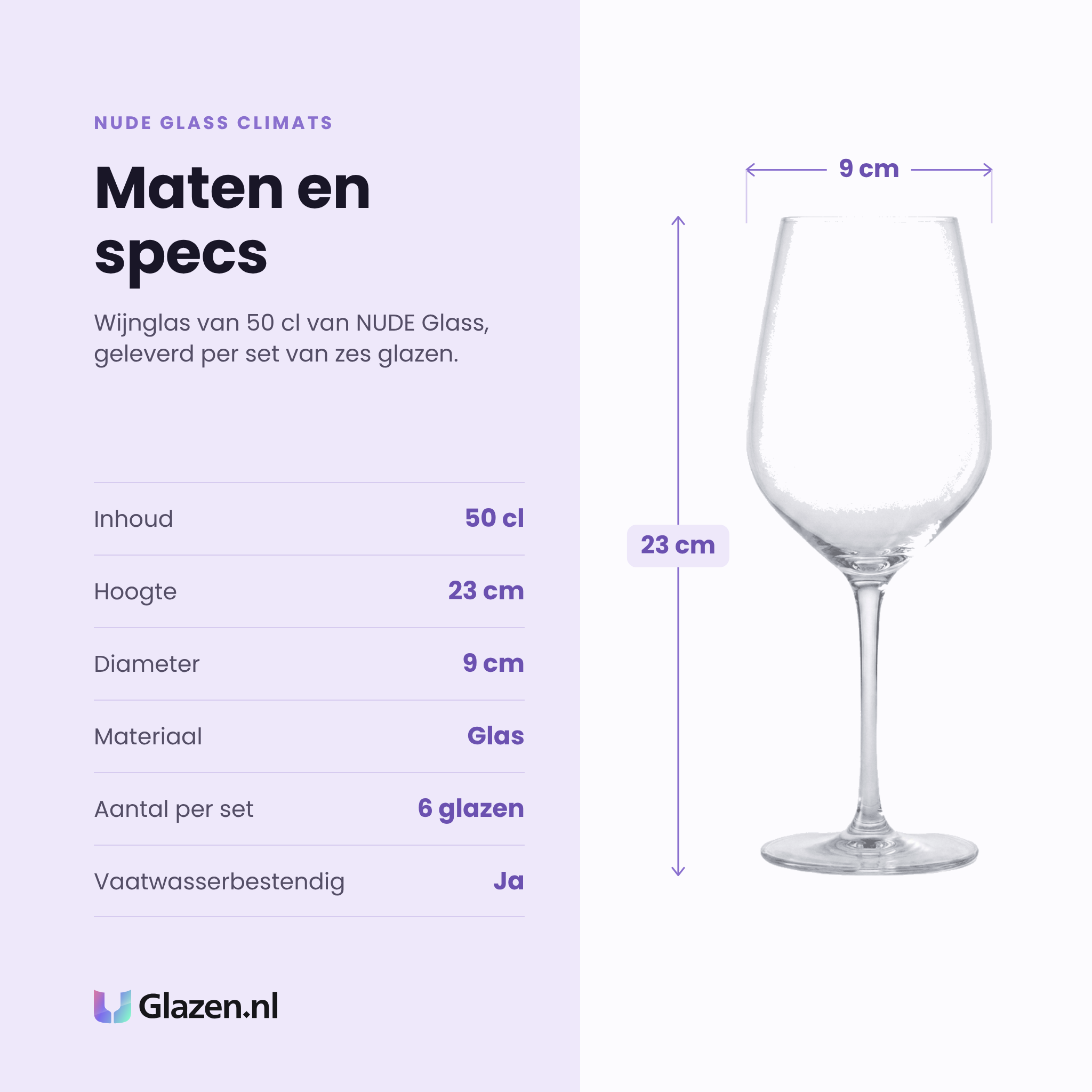 Nude Glass Climats wijnglas 50 cl specificaties: inhoud 50 cl, hoogte 23 cm, diameter 9 cm, glas, set van 6