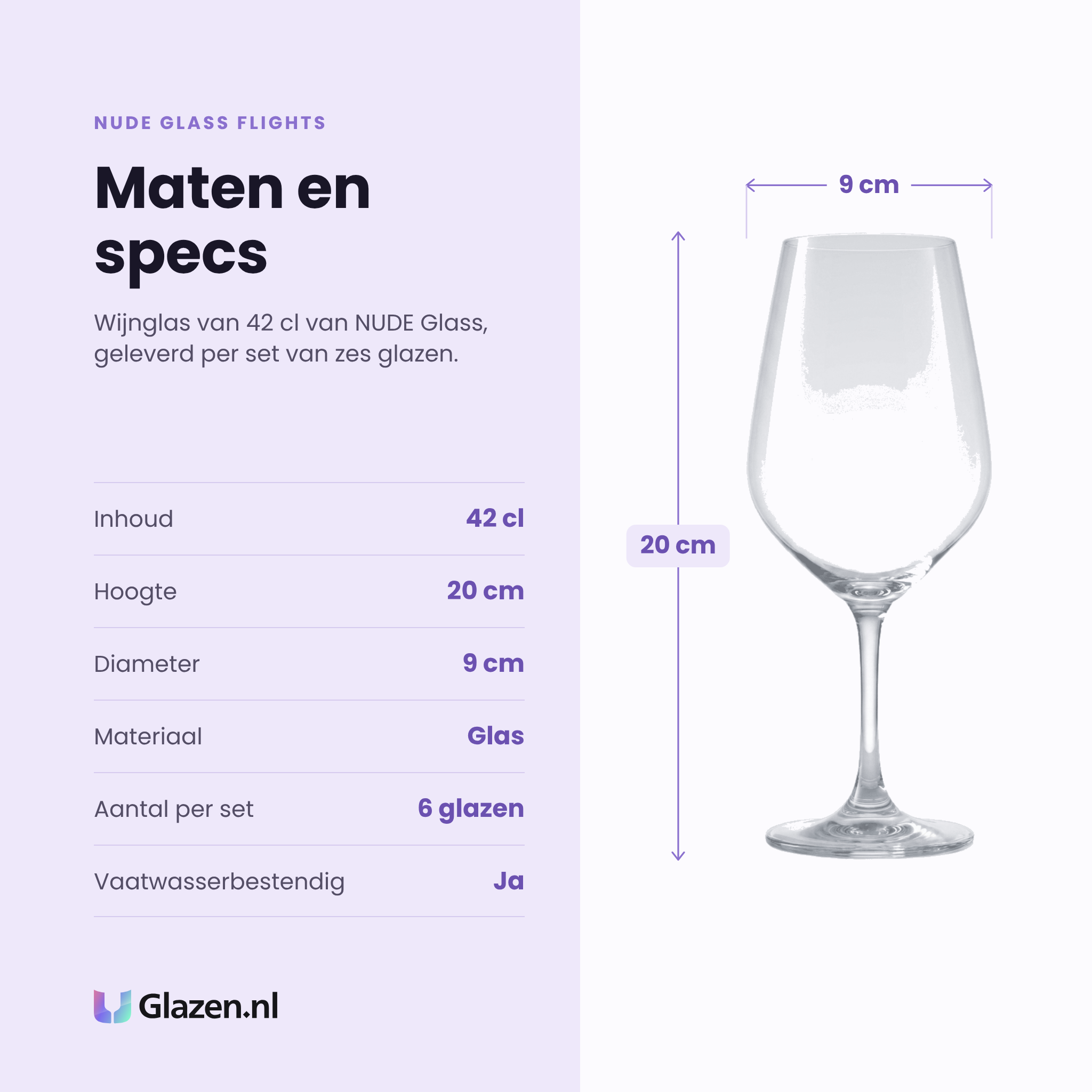 Nude Glass Flights wijnglas 42 cl specificaties: inhoud 42 cl, hoogte 20 cm, diameter 9 cm, glas, set van 6