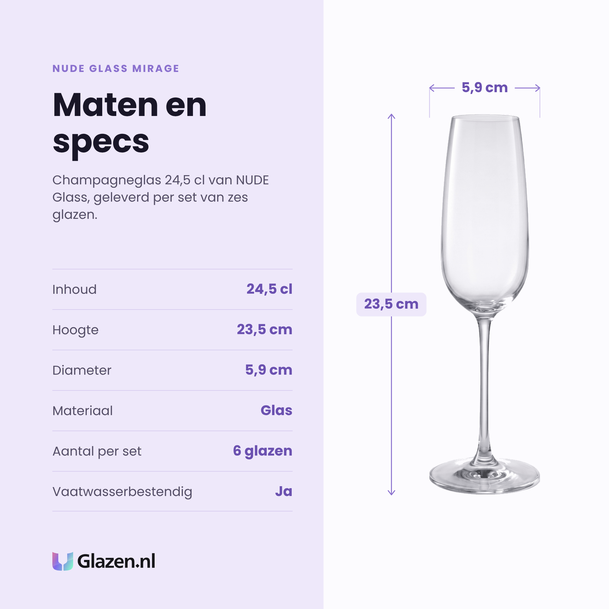 NUDE Glass Mirage champagneglas 24,5 cl specificaties: inhoud 24,5 cl, hoogte 23,5 cm, diameter 5,9 cm, glas, set van 6