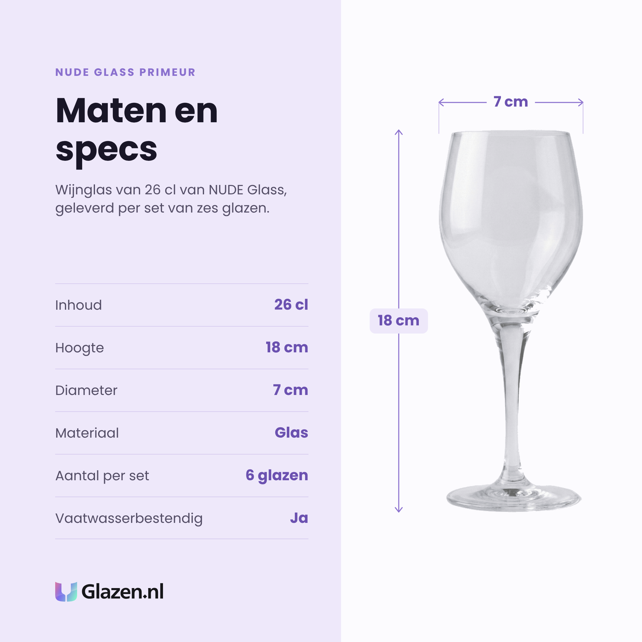 Nude Glass Primeur wijnglas 26 cl specificaties: inhoud 26 cl, hoogte 18 cm, diameter 7 cm, glas, set van 6