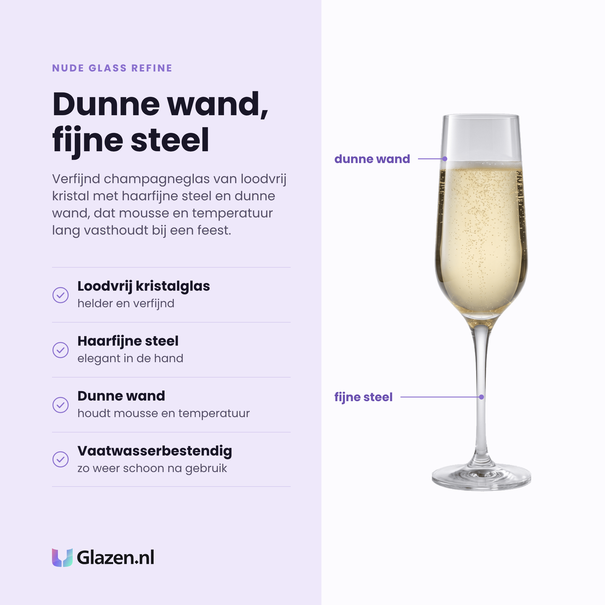 NUDE Glass Refine champagneglas 20 cl eigenschappen: loodvrij kristalglas, haarfijne steel, dunne wand, vaatwasserbestendig