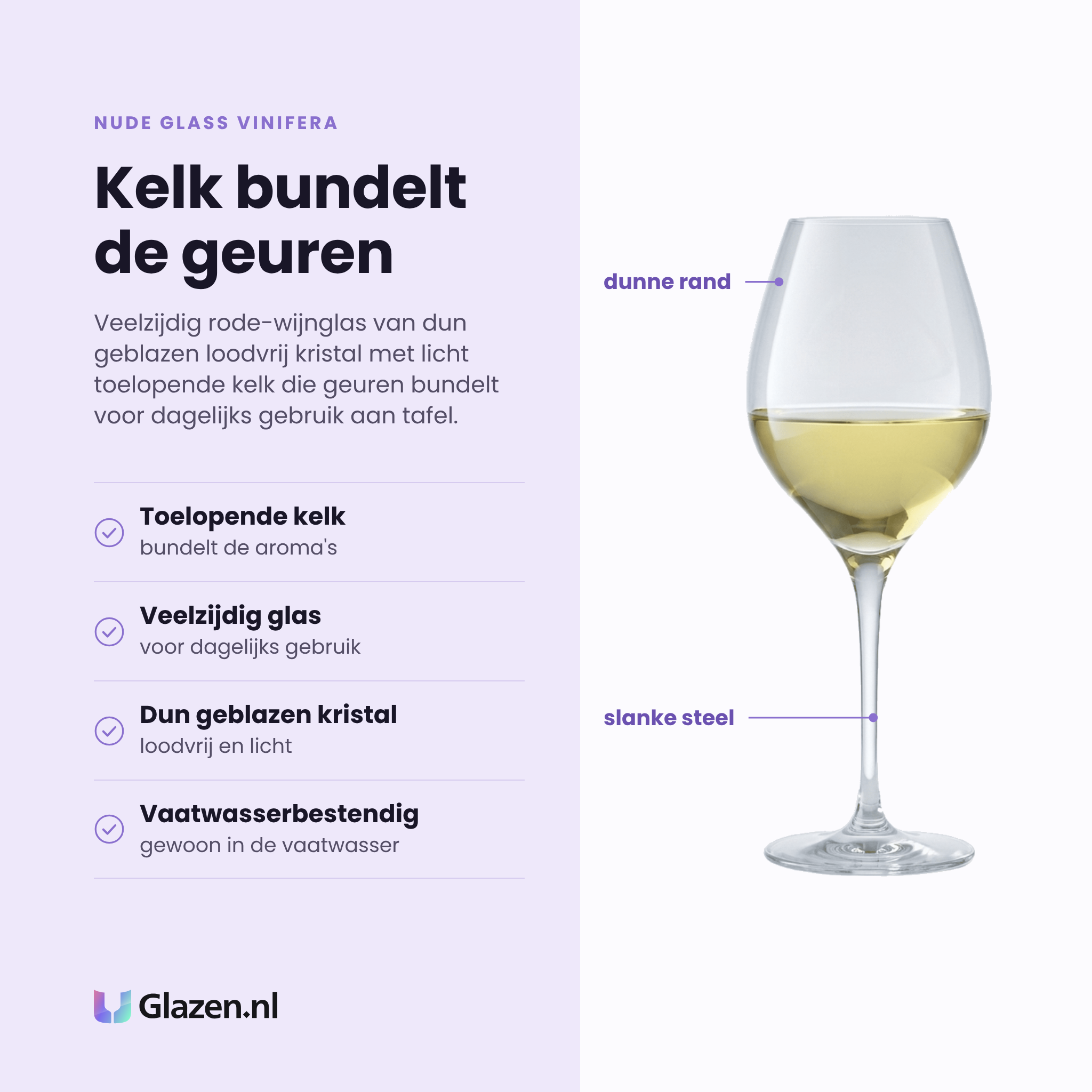Nude Glass Vinifera wijnglas 45 cl eigenschappen: toelopende kelk, veelzijdig glas, dun geblazen kristal, vaatwasserbestendig
