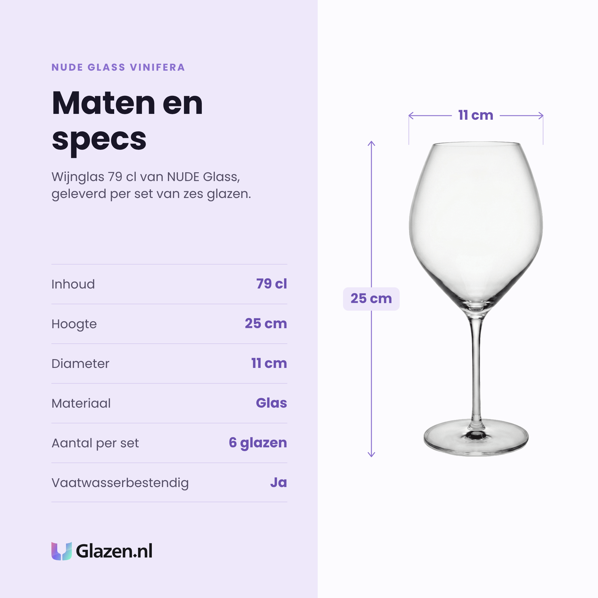NUDE Glass Vinifera wijnglas 79 cl specificaties: inhoud 79 cl, hoogte 25 cm, diameter 11 cm, glas, set van 6