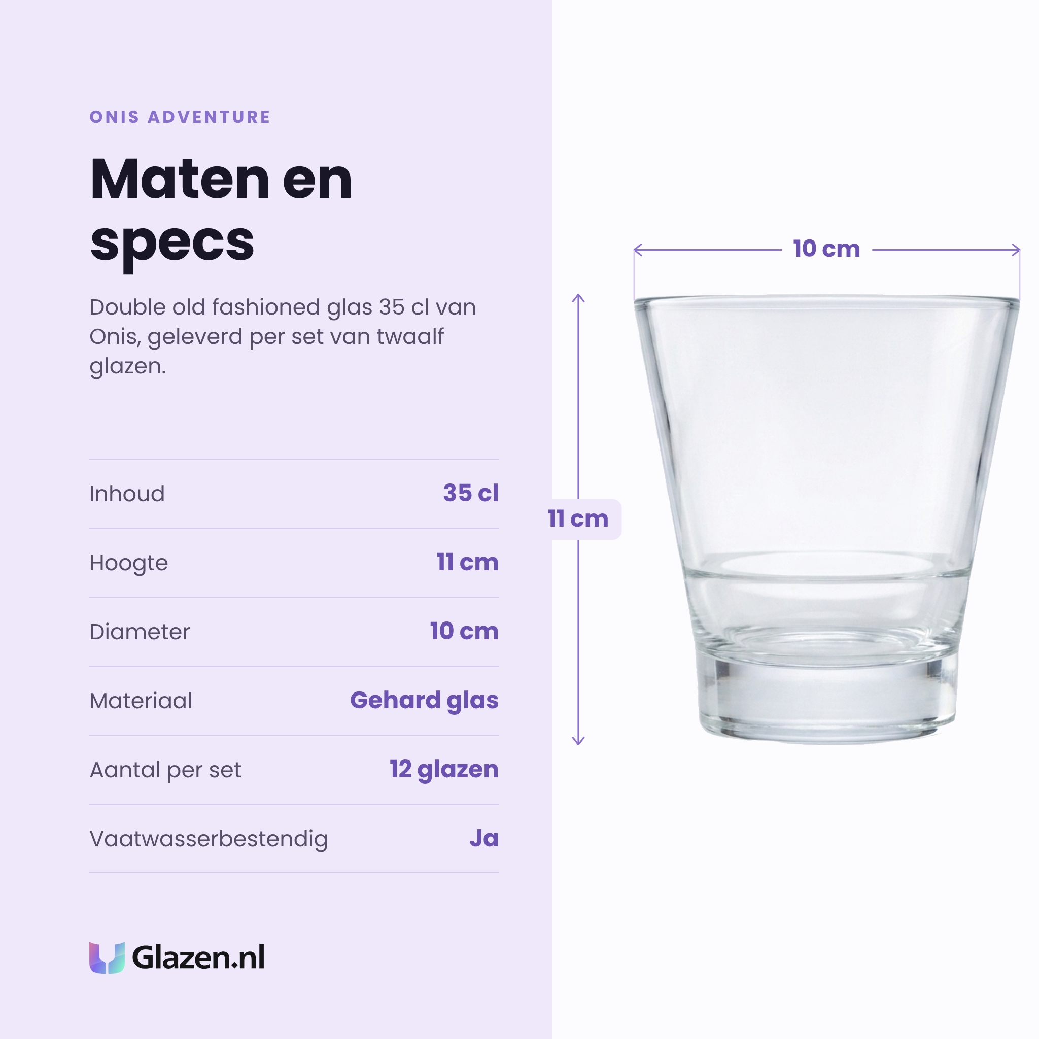 Onis Adventure double old fashioned glas 35 cl specificaties: inhoud 35 cl, hoogte 11 cm, diameter 10 cm, gehard glas, set van 12