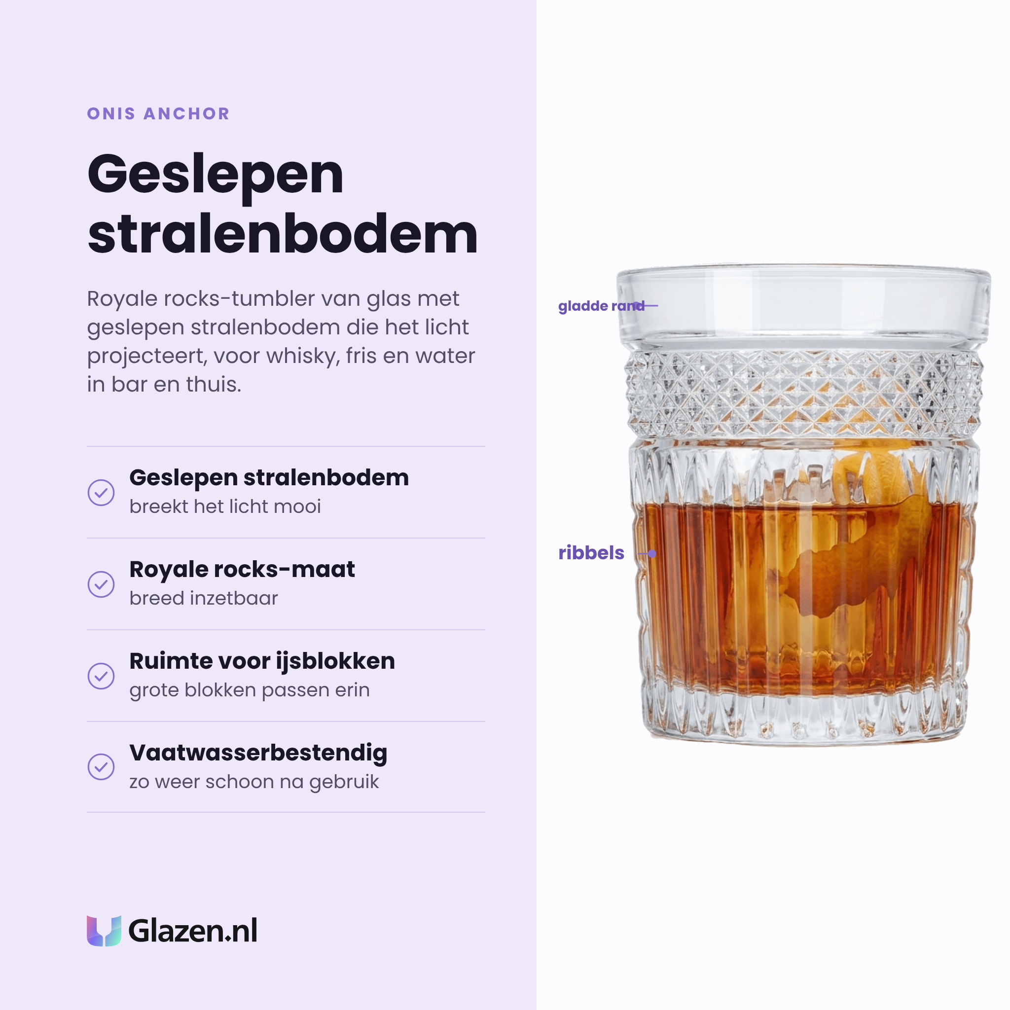 Onis Anchor tumbler 35 cl eigenschappen: geslepen stralenbodem, royale rocks-maat, ruimte voor ijsblokken, vaatwasserbestendig