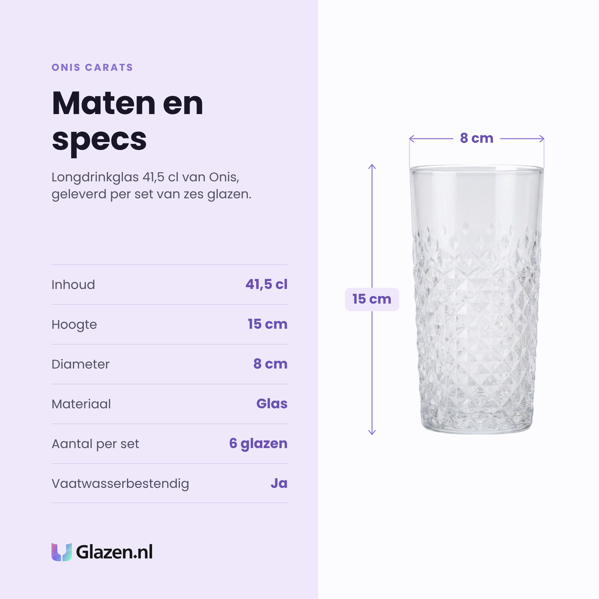 Onis Carats longdrinkglas 41,5 cl specificaties: inhoud 41,5 cl, hoogte 15 cm, diameter 8 cm, glas, set van 6