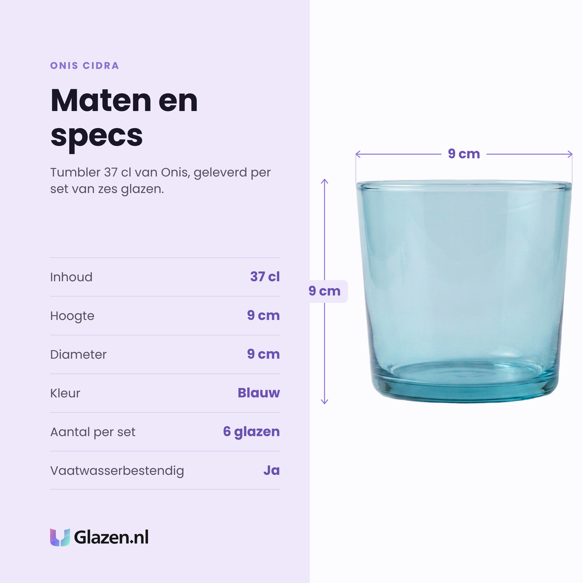 Onis Cidra tumbler 37 cl blauw specificaties: inhoud 37 cl, hoogte 9 cm, diameter 9 cm, blauw glas, set van 6
