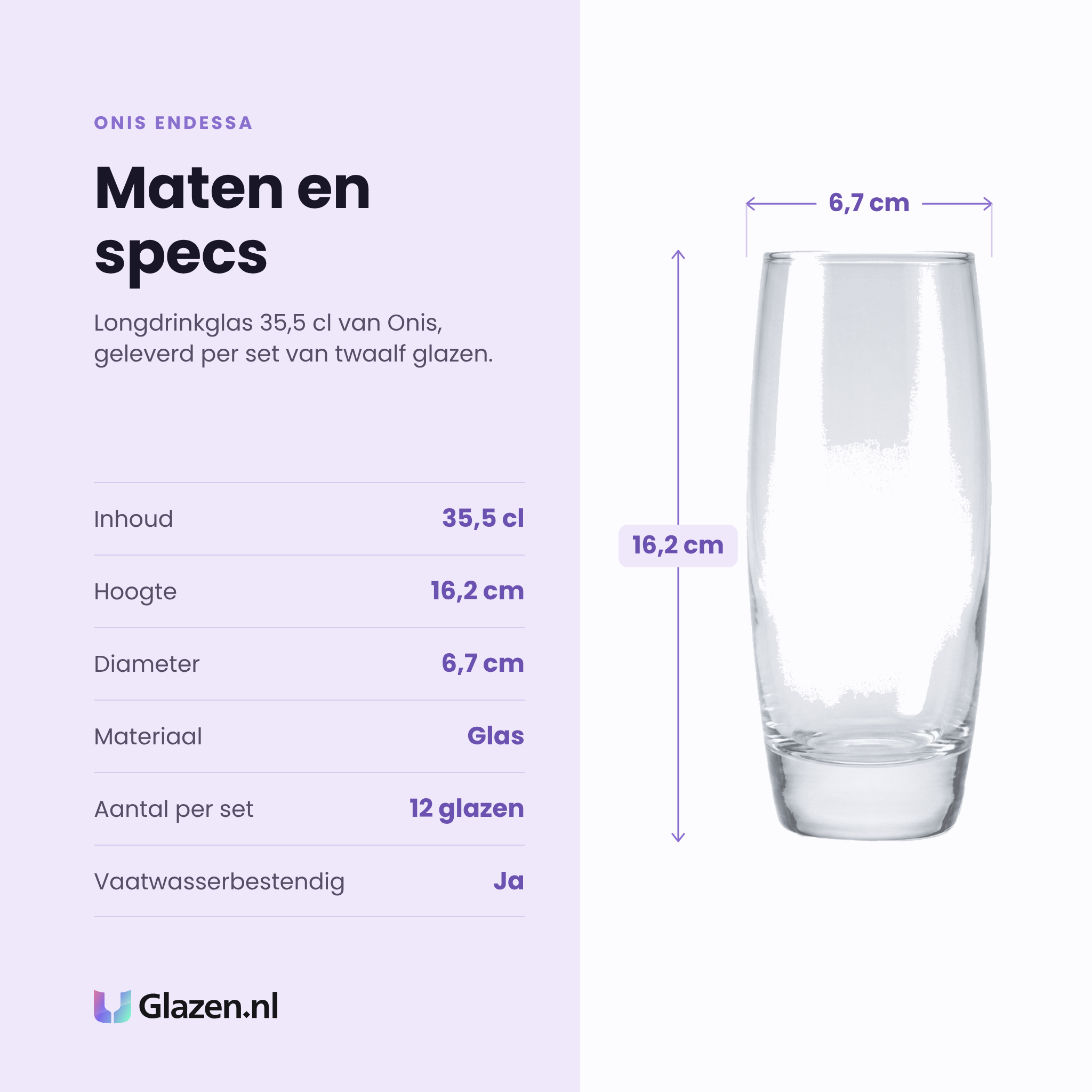 Onis Endessa longdrinkglas 35,5 cl specificaties: inhoud 35,5 cl, hoogte 16,2 cm, diameter 6,7 cm, glas, set van 12