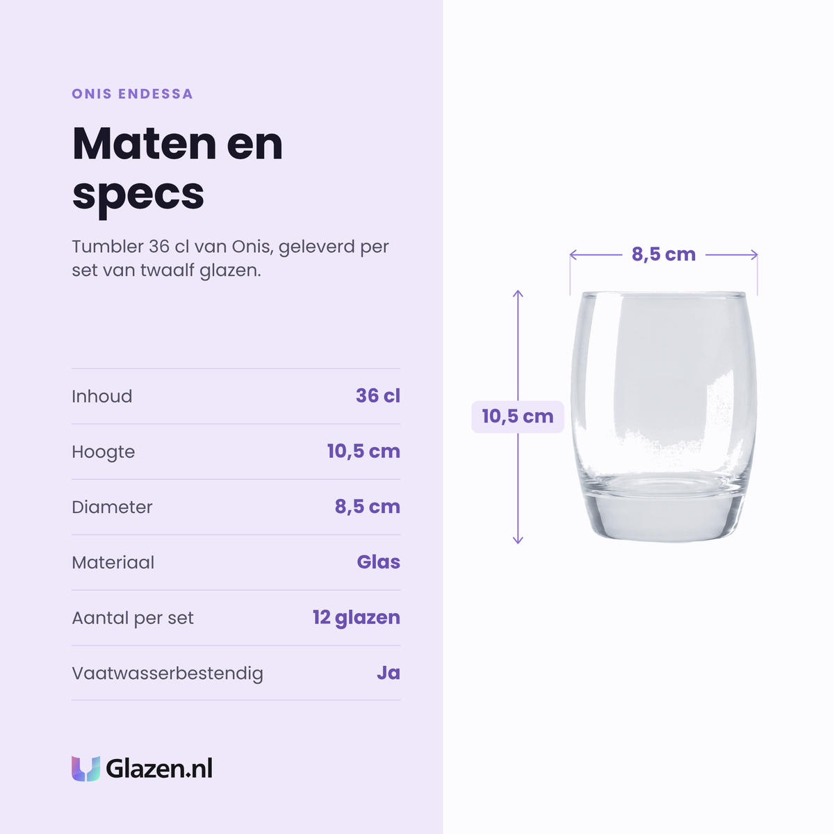 Onis Endessa tumbler 36 cl specificaties: inhoud 36 cl, hoogte 10,5 cm, diameter 8,5 cm, glas, set van 12