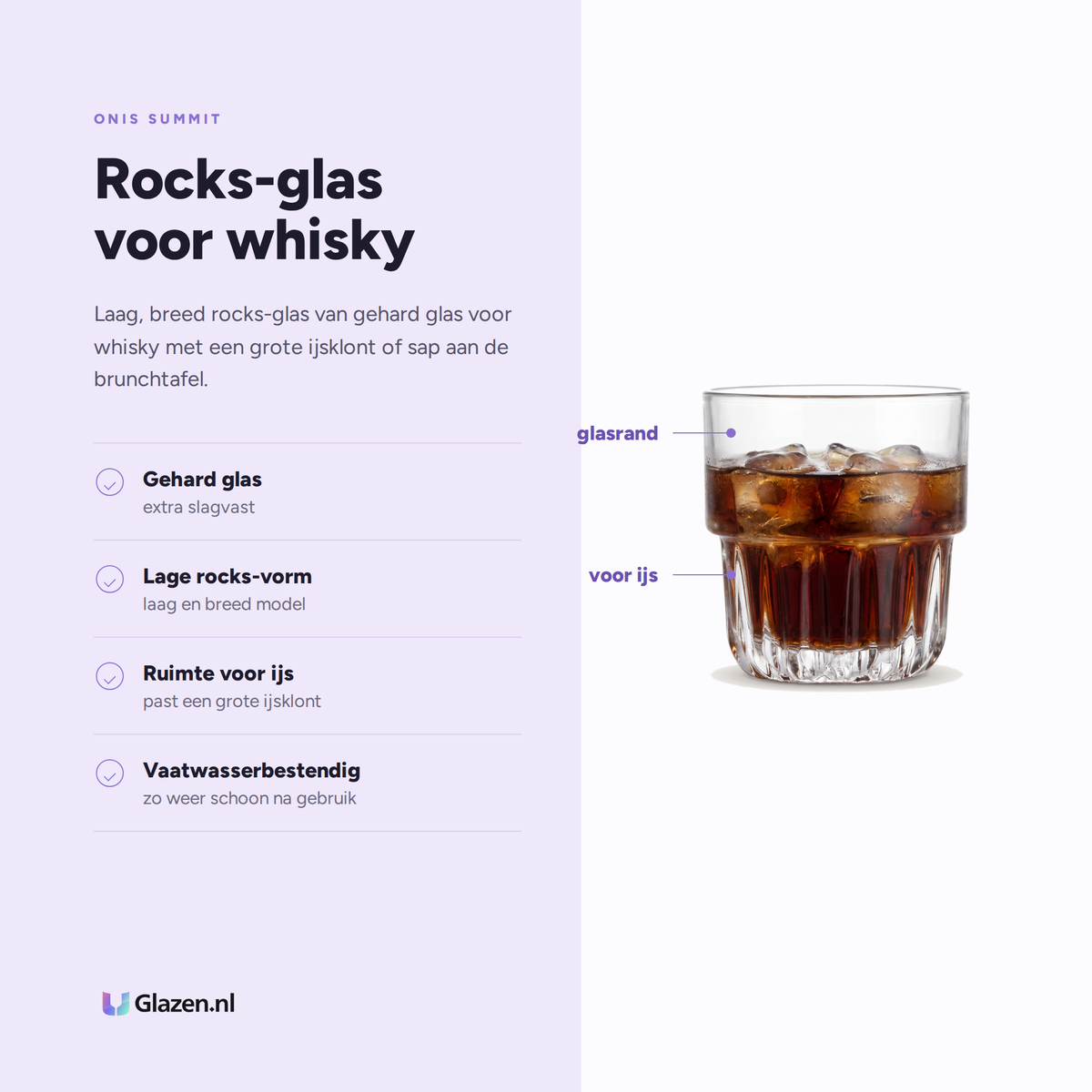 Onis Summit Tumbler 26,5 Cl eigenschappen: gehard glas, lage rocks-vorm, ruimte voor ijs, vaatwasserbestendig