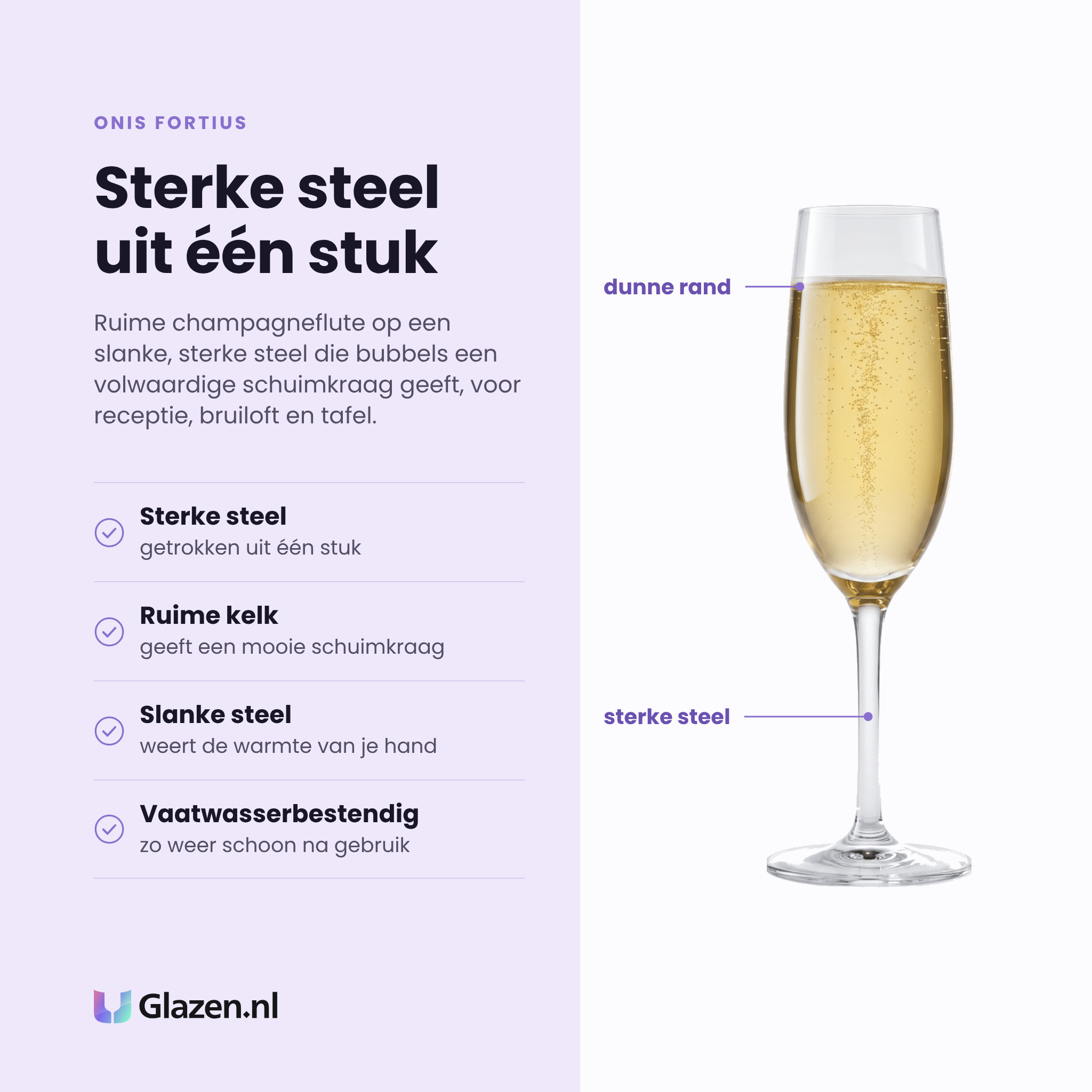 Onis Fortius champagneflute 20 cl eigenschappen: sterke steel uit één stuk, ruime kelk met mooie schuimkraag, slanke steel weert handwarmte, vaatwasserbestendig