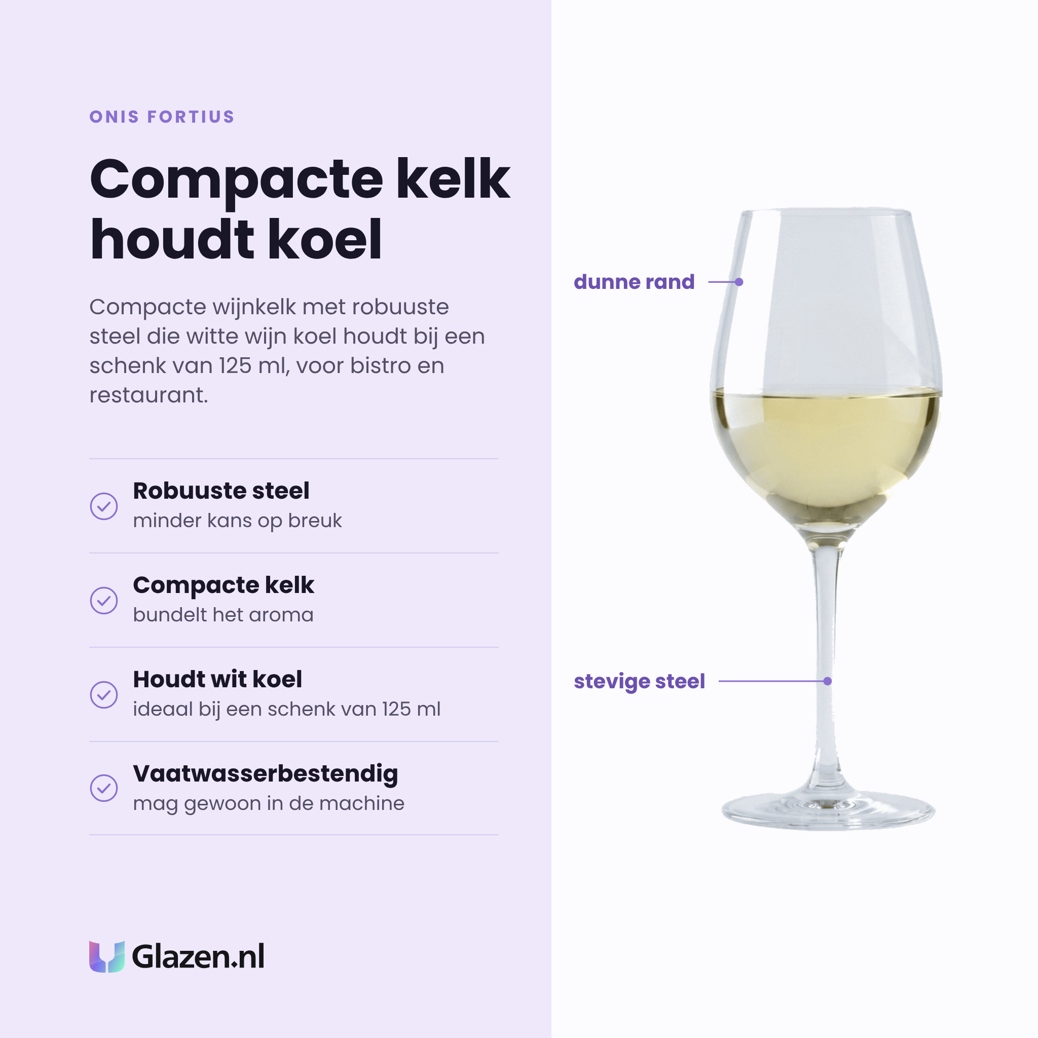 Onis Fortius wijnglas 30 cl eigenschappen: robuuste steelverbinding, compacte kelk bundelt aroma, houdt witte wijn koel, vaatwasserbestendig