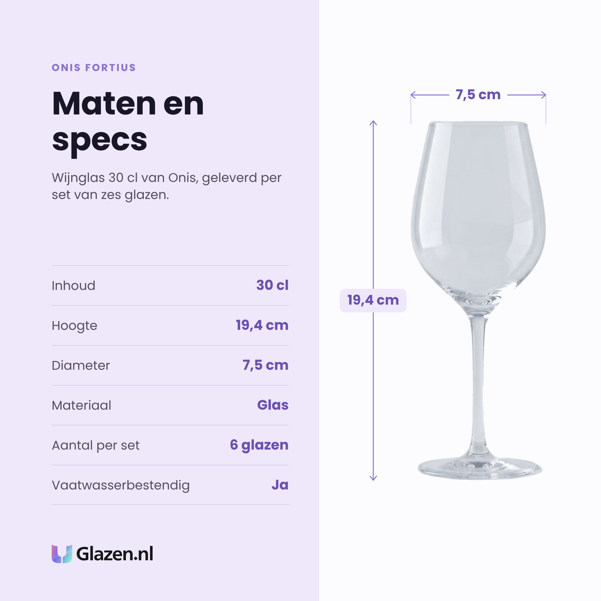 Onis Fortius wijnglas 30 cl specificaties: inhoud 30 cl, hoogte 19,4 cm, diameter 7,5 cm, glas, set van 6