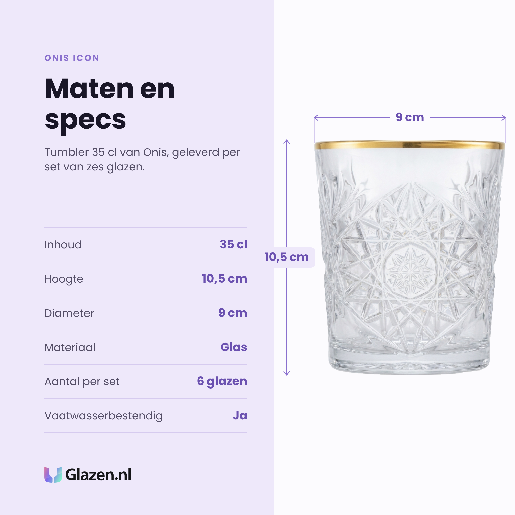 Onis Icon tumbler 35 cl specificaties: inhoud 35 cl, hoogte 10,5 cm, diameter 9 cm, glas, set van 6