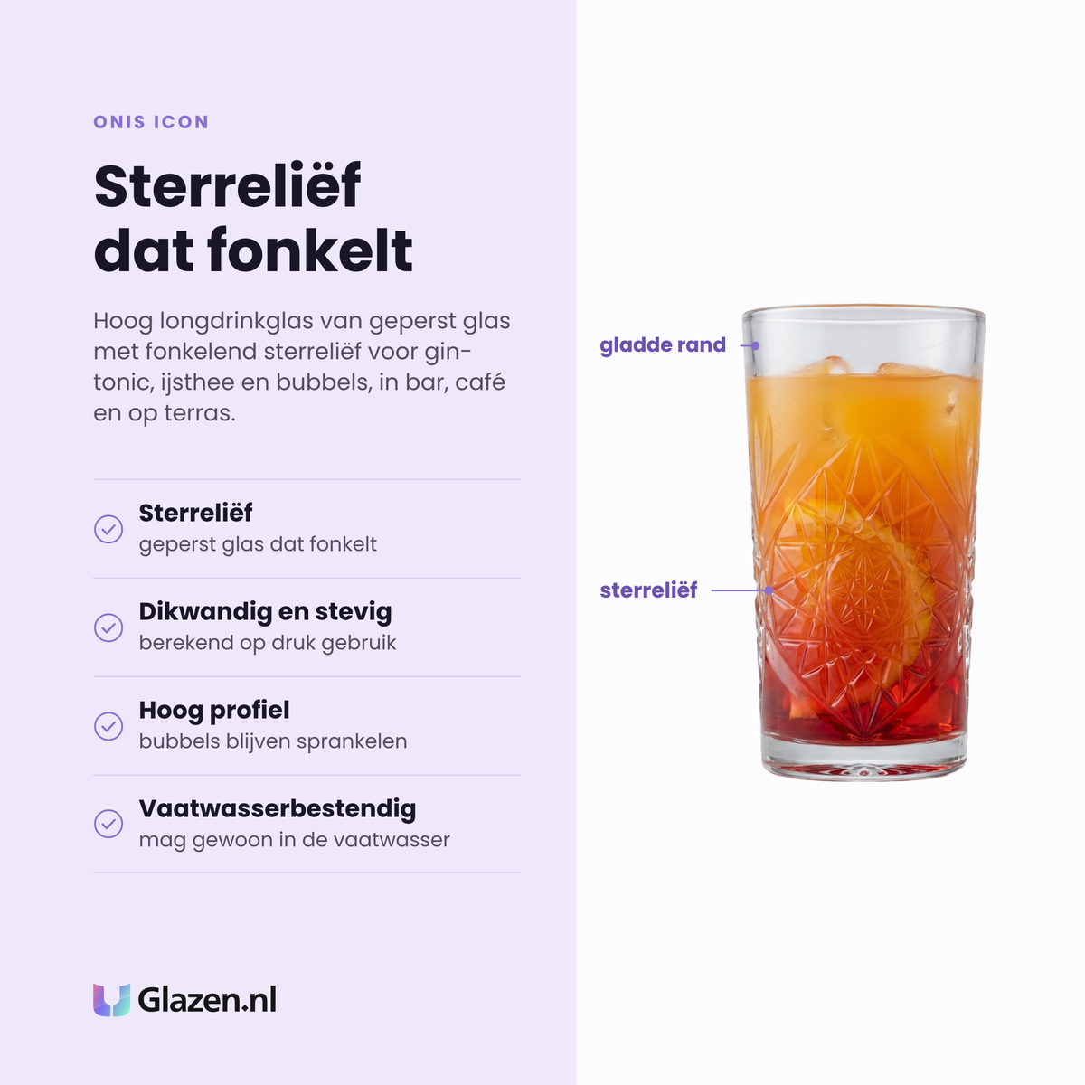 Onis Icon longdrinkglas 36,5 cl eigenschappen: geperst glas met sterreliëf, dikwandig en stevig, hoog profiel, vaatwasserbestendig