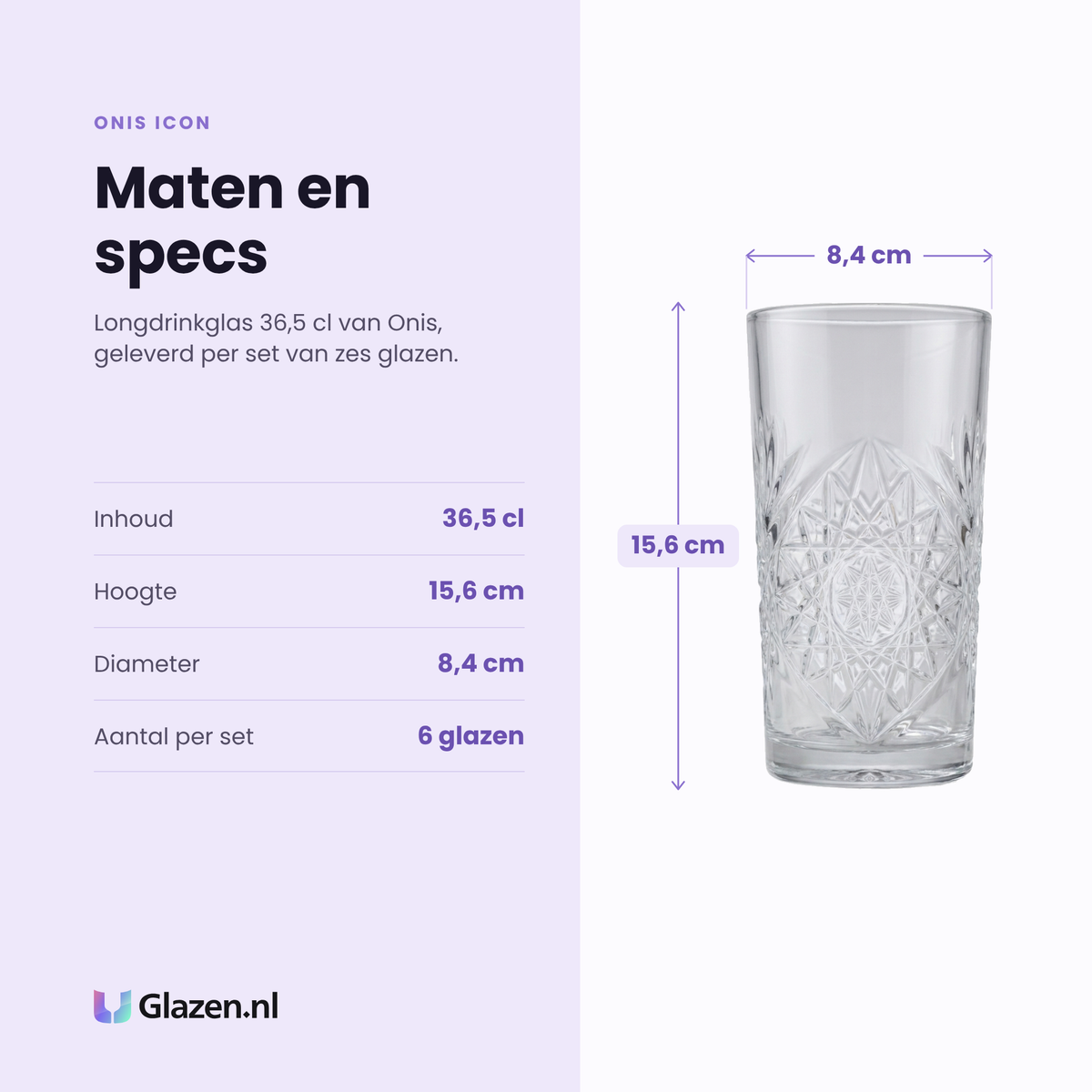 Onis Icon longdrinkglas 36,5 cl specificaties: inhoud 36,5 cl, hoogte 15,6 cm, diameter 8,4 cm, set van 6