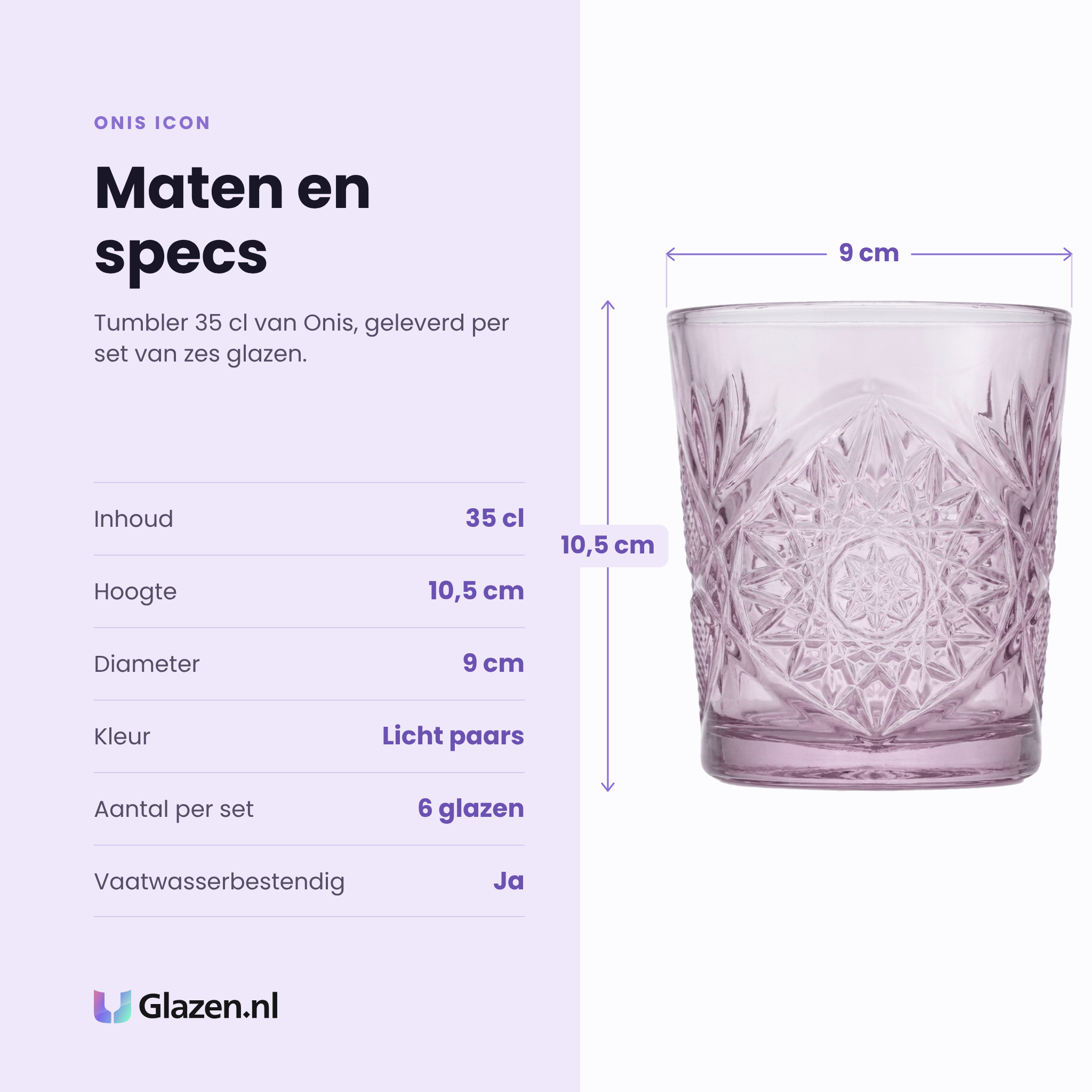 Onis Icon tumbler 35 cl specificaties: inhoud 35 cl, hoogte 10,5 cm, diameter 9 cm, licht paars, set van 6