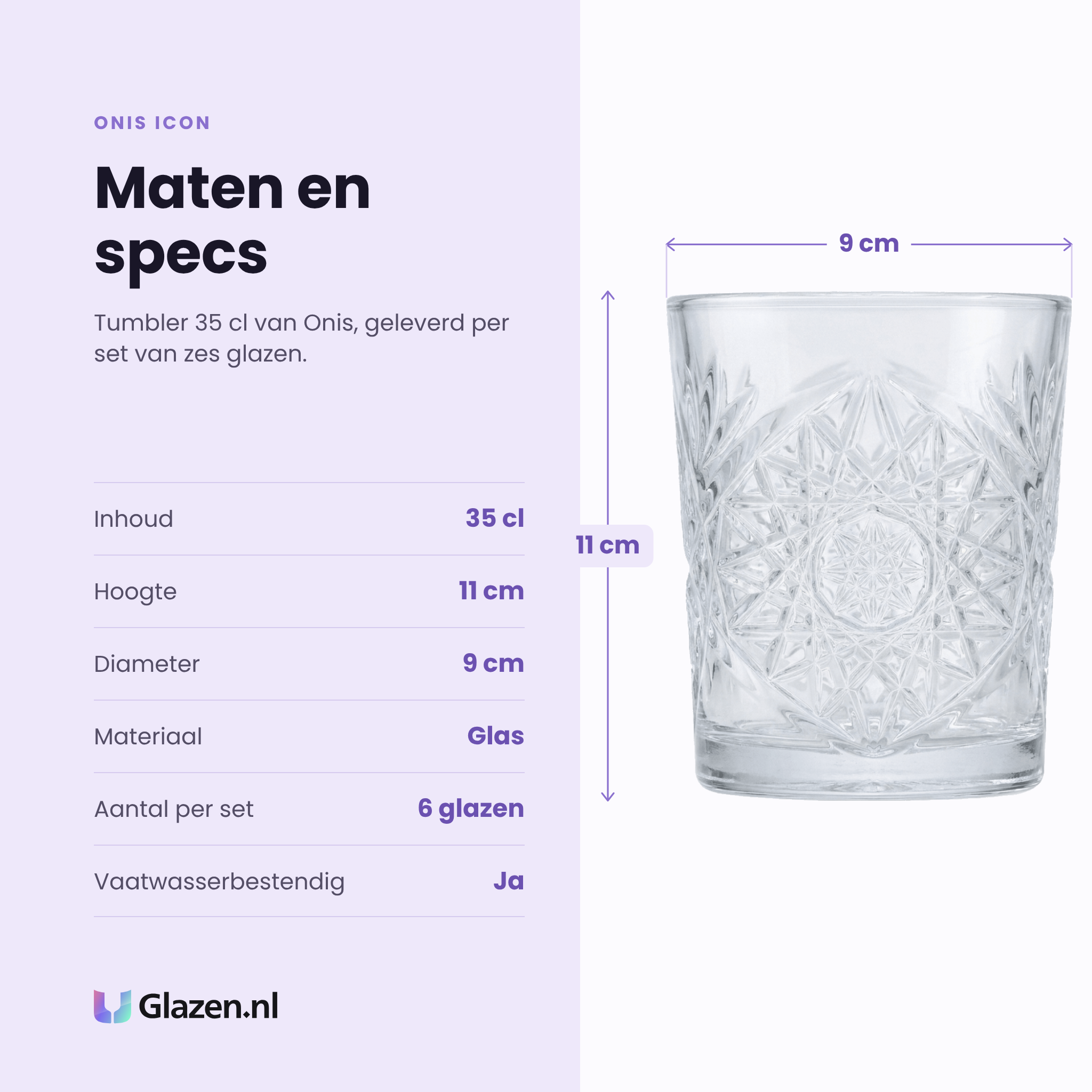 Onis Icon tumbler 35 cl specificaties: inhoud 35 cl, hoogte 11 cm, diameter 9 cm, glas, set van 6