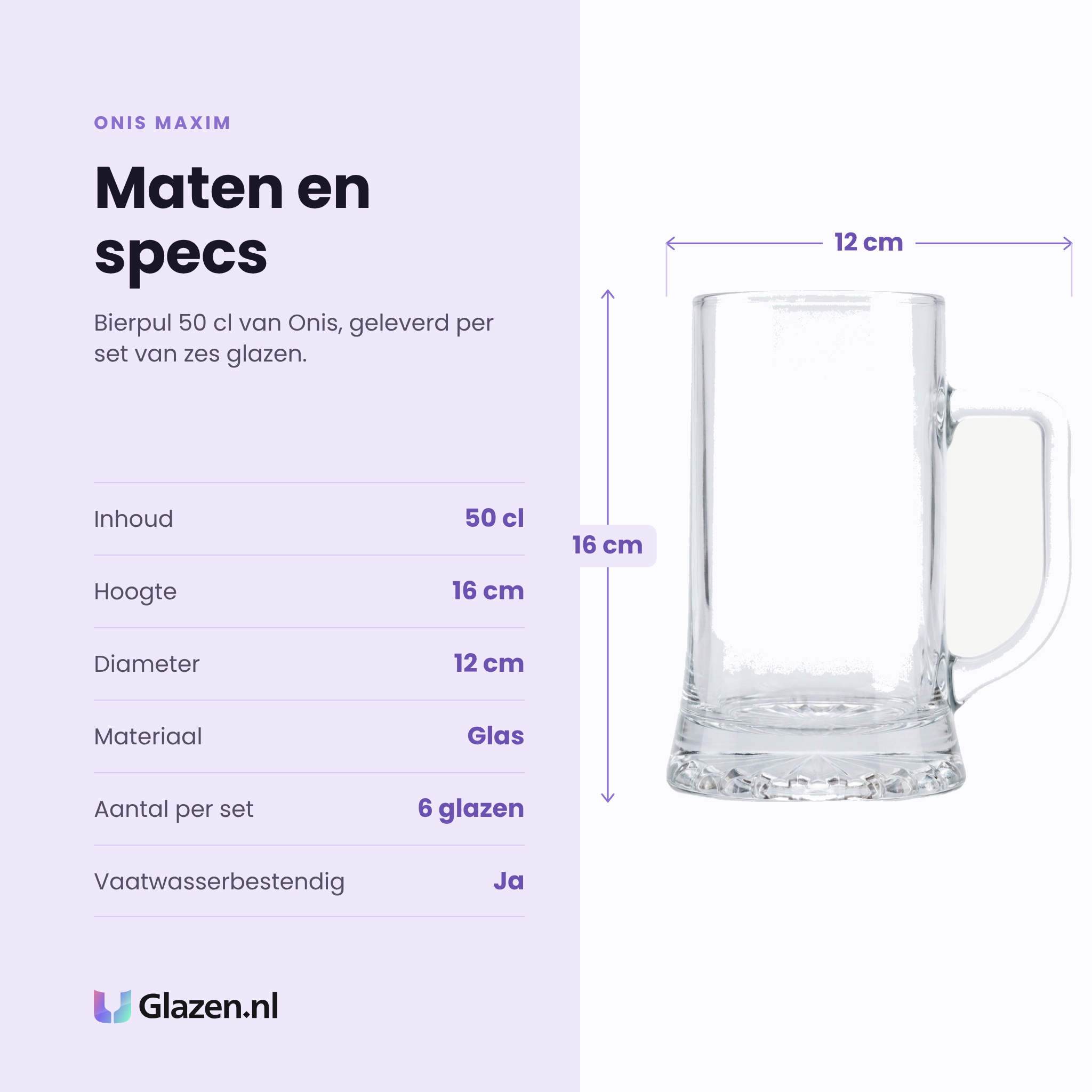 Onis Maxim bierpul 50 cl specificaties: inhoud 50 cl, hoogte 16 cm, diameter 12 cm, glas, set van 6