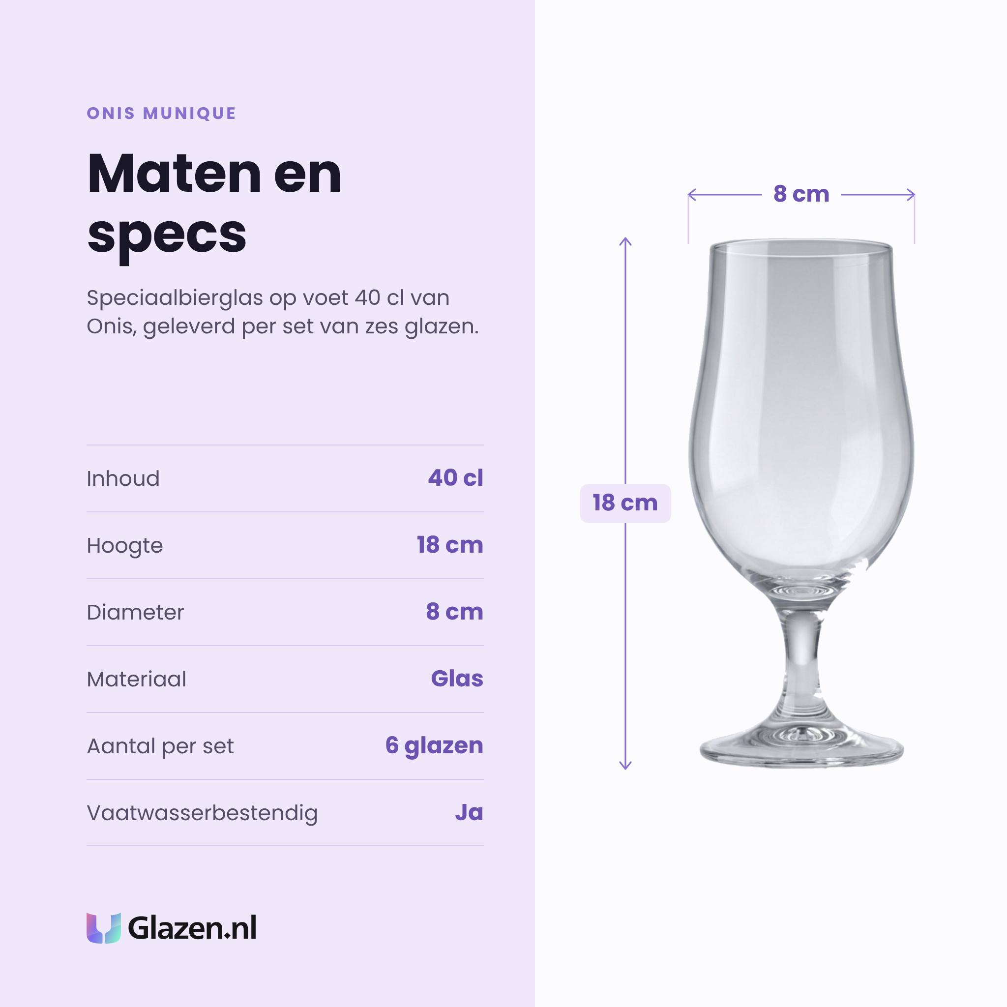 Onis Munique speciaalbierglas op voet 40 cl specificaties: inhoud 40 cl, hoogte 18 cm, diameter 8 cm, glas, set van 6