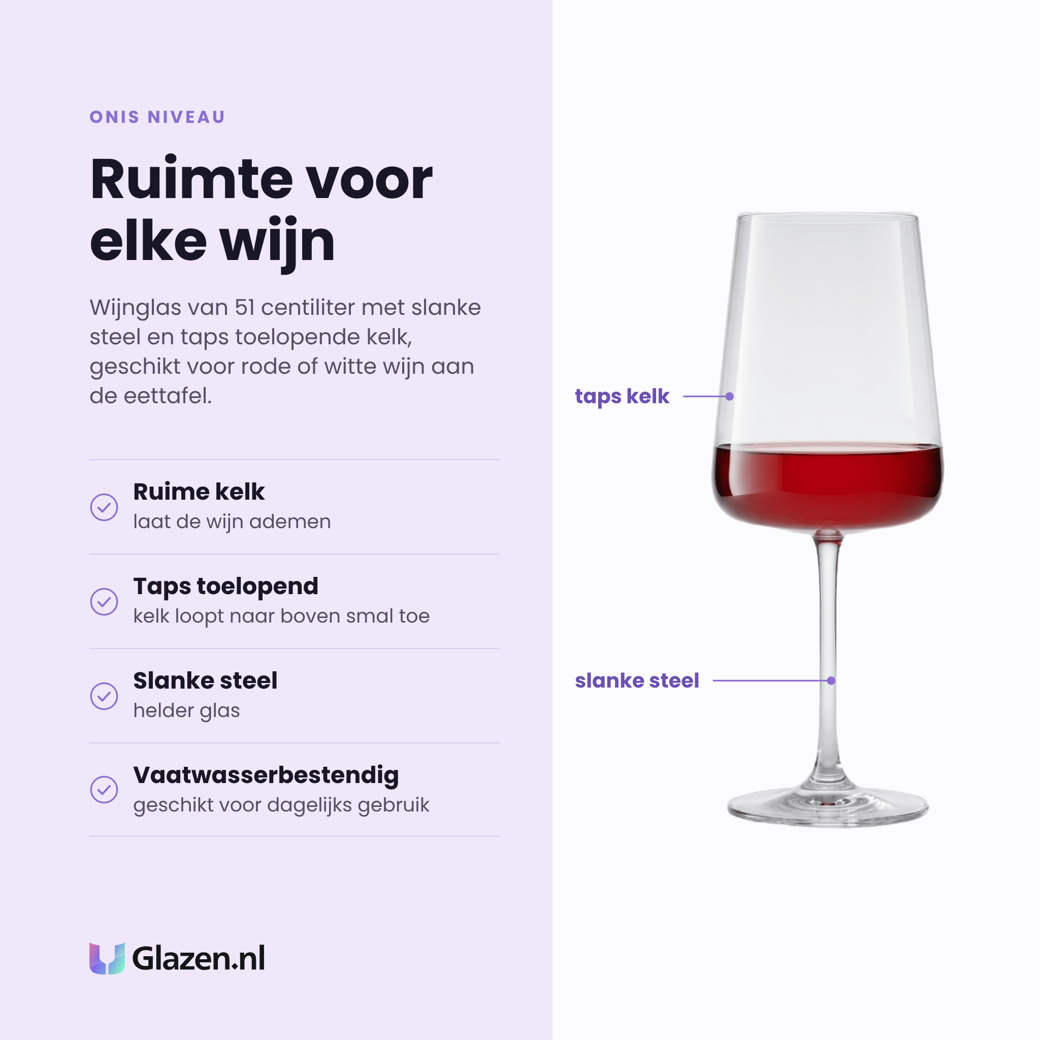 Onis Niveau wijnglas 51 cl eigenschappen: ruime kelk laat wijn ademen, taps toelopende kelk, slanke steel, vaatwasserbestendig