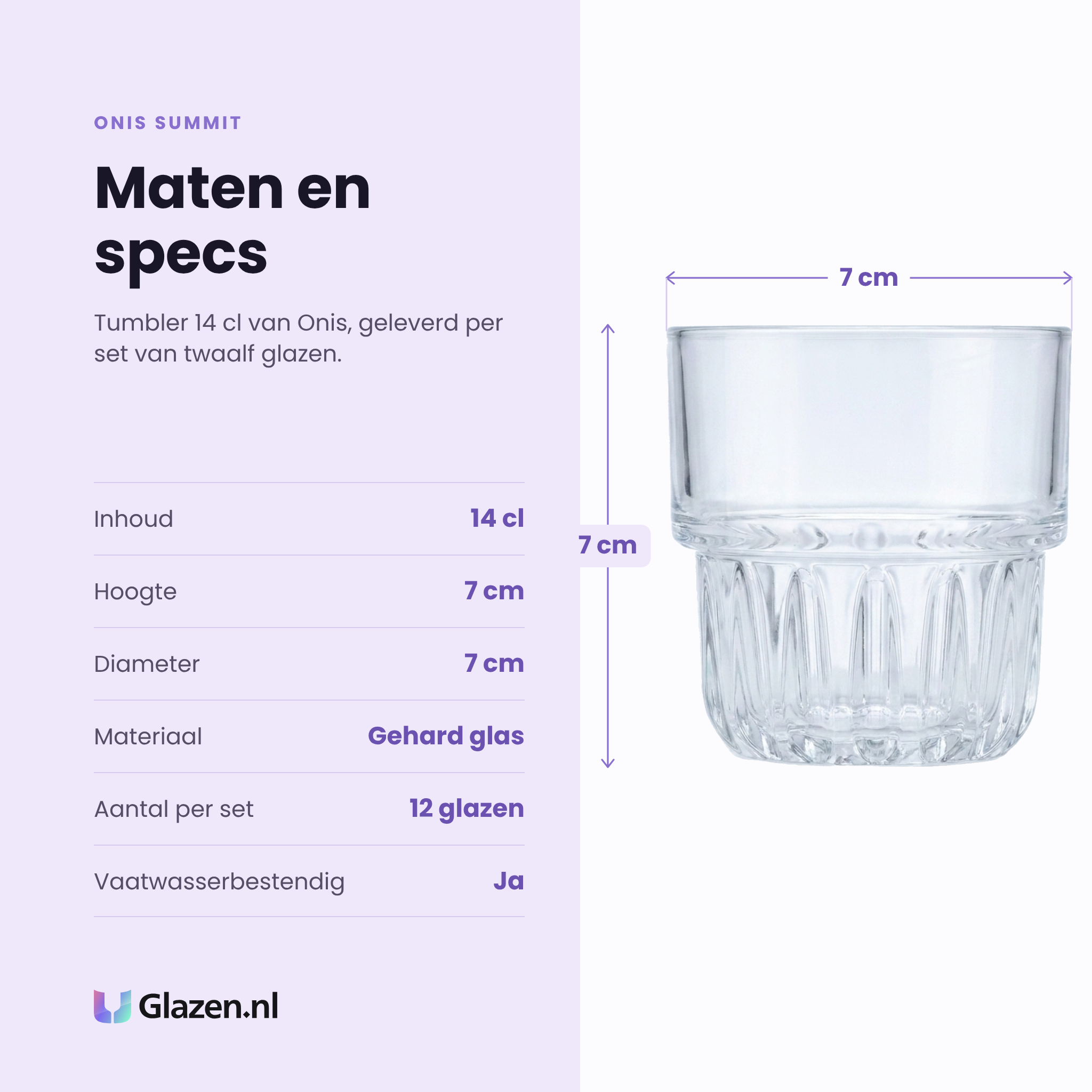 Onis Summit tumbler 14 cl specificaties: inhoud 14 cl, hoogte 7 cm, diameter 7 cm, gehard glas, set van 12