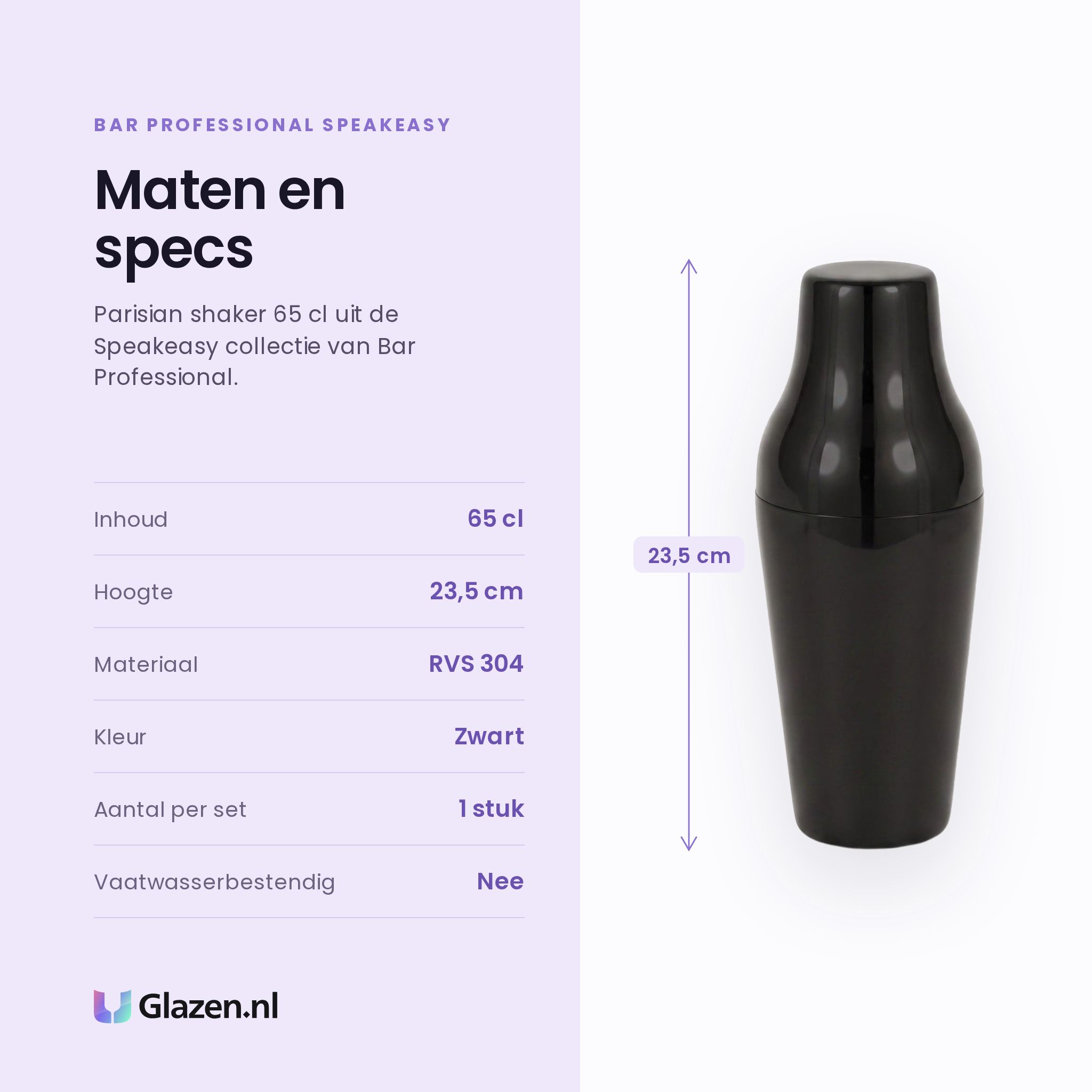 Bar Professional Speakeasy Parisian shaker zwart specificaties: inhoud 65 cl, hoogte 23,5 cm, RVS 304