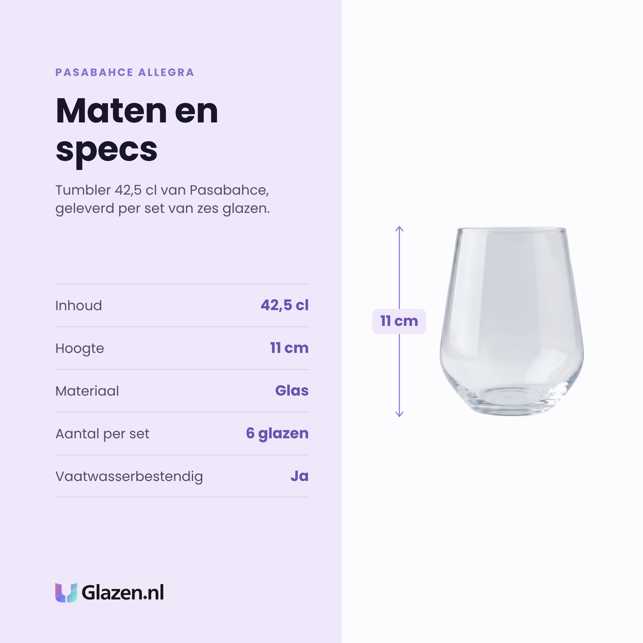 Pasabahce Allegra tumbler 42,5 cl specificaties: inhoud 42,5 cl, hoogte 11 cm, glas, set van 6