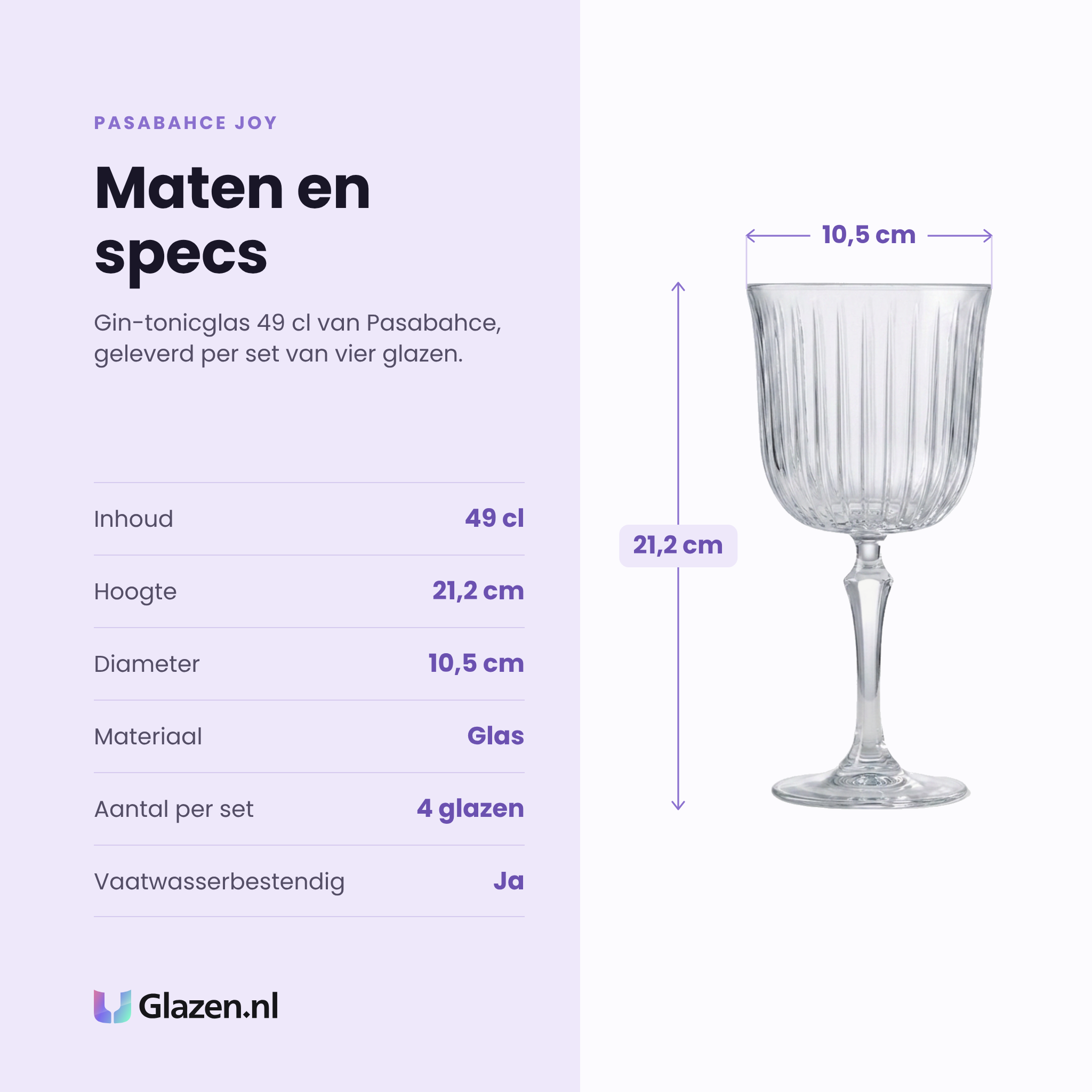 Pasabahce Joy gin-tonicglas 49 cl specificaties: inhoud 49 cl, hoogte 21,2 cm, diameter 10,5 cm, glas, set van 4