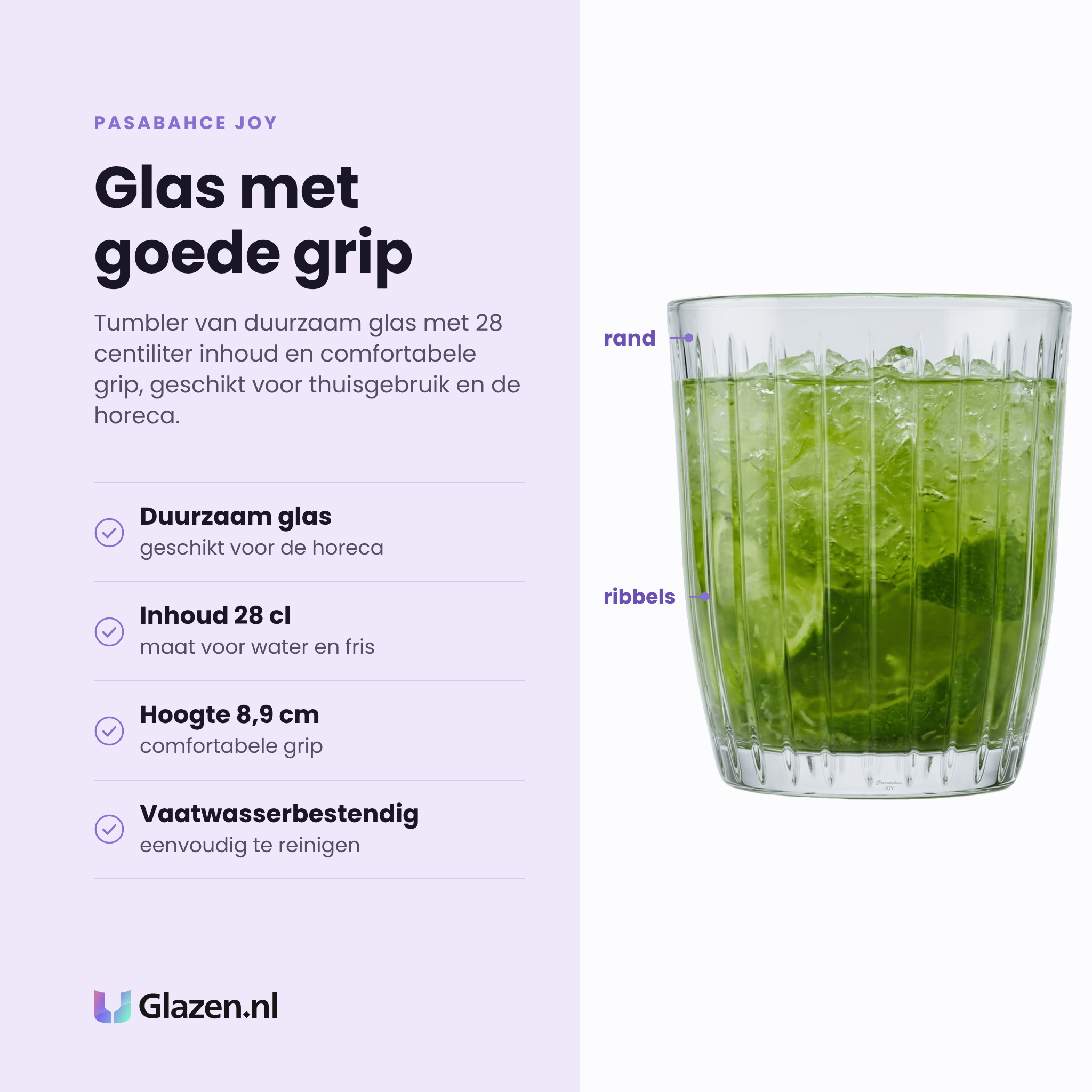 Pasabahce Joy tumbler 28 cl eigenschappen: duurzaam glas voor de horeca, inhoud 28 cl, hoogte 8,9 cm, vaatwasserbestendig