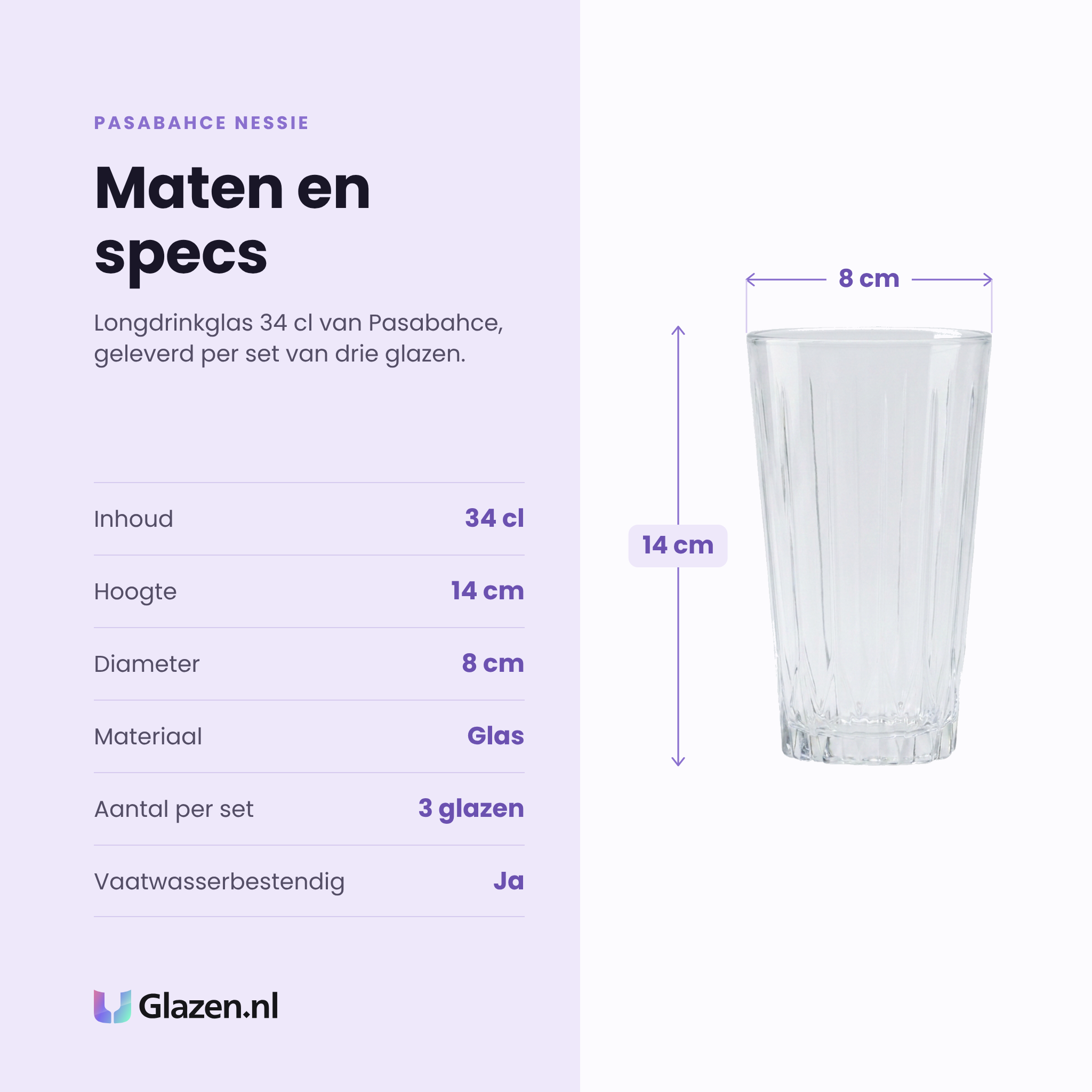 Pasabahce Nessie longdrinkglas 34 cl specificaties: inhoud 34 cl, hoogte 14 cm, diameter 8 cm, glas, set van 3