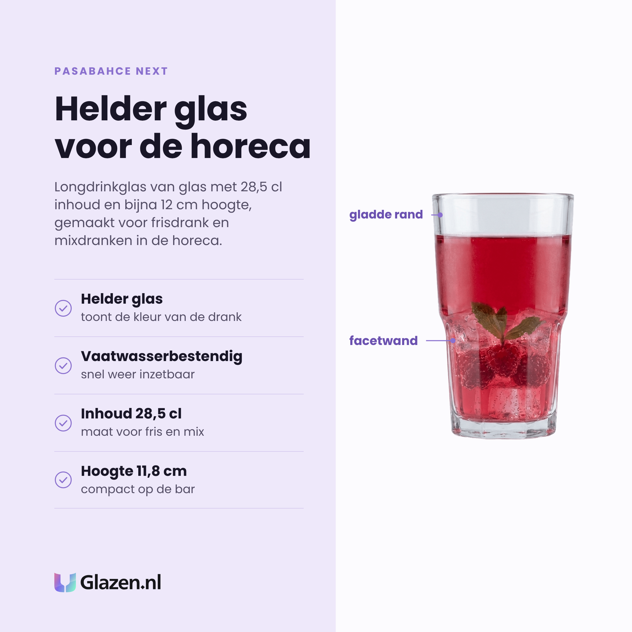 Pasabahce Next longdrinkglas 28,5 cl eigenschappen: helder glas, vaatwasserbestendig, inhoud 28,5 cl, hoogte 11,8 cm