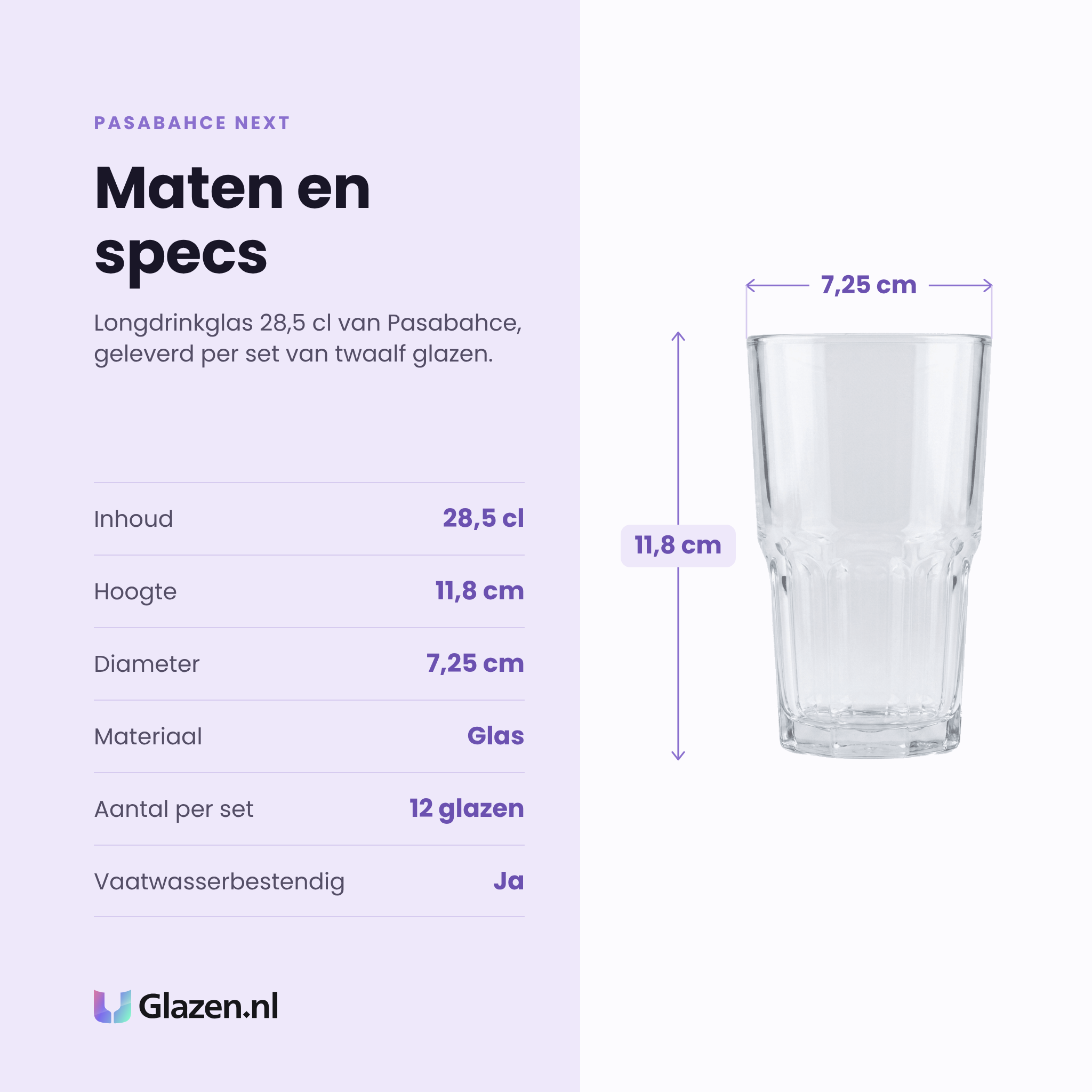 Pasabahce Next longdrinkglas 28,5 cl specificaties: inhoud 28,5 cl, hoogte 11,8 cm, diameter 7,25 cm, glas, set van 12