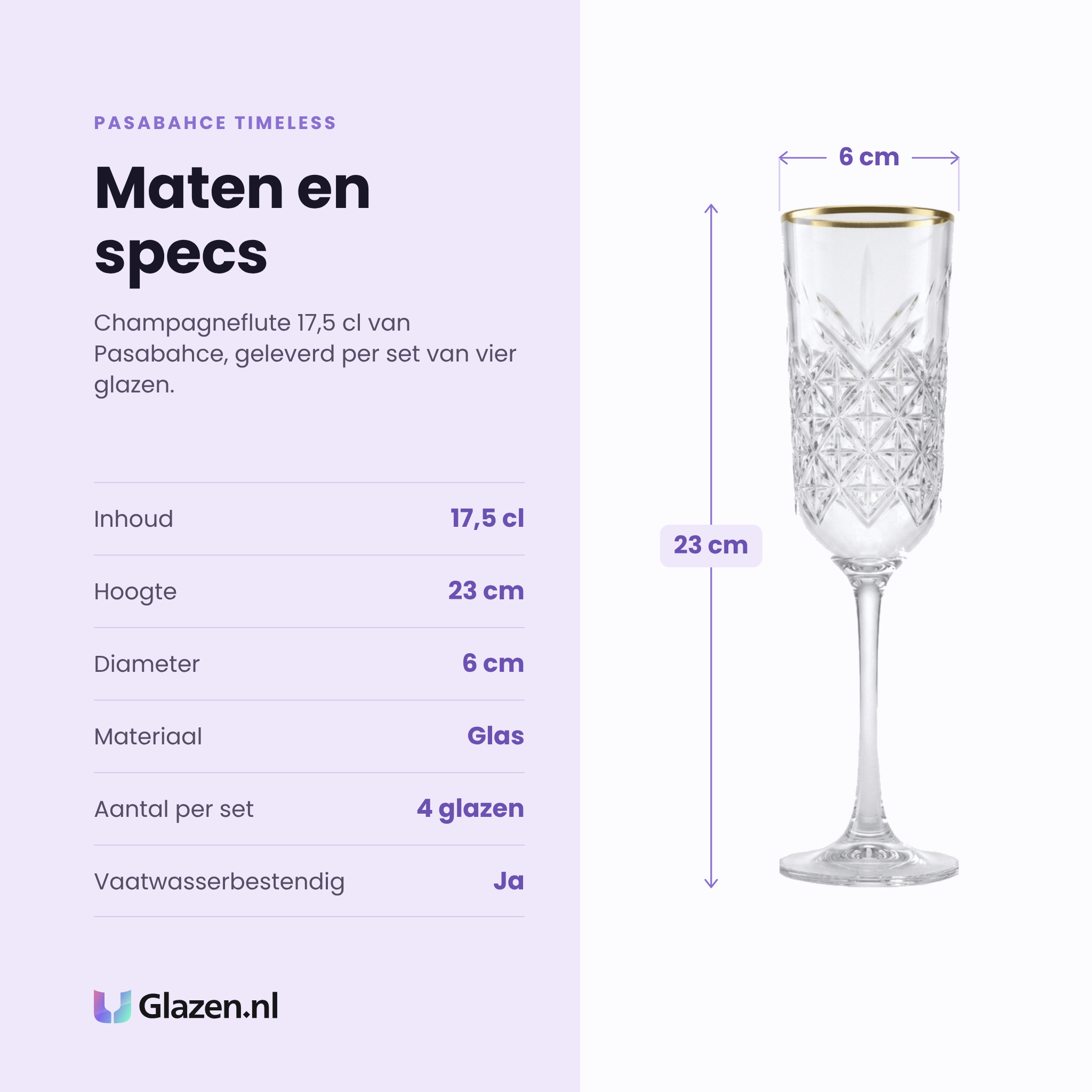Pasabahce Timeless champagneflute 17,5 cl specificaties: inhoud 17,5 cl, hoogte 23 cm, diameter 6 cm, glas, set van 4