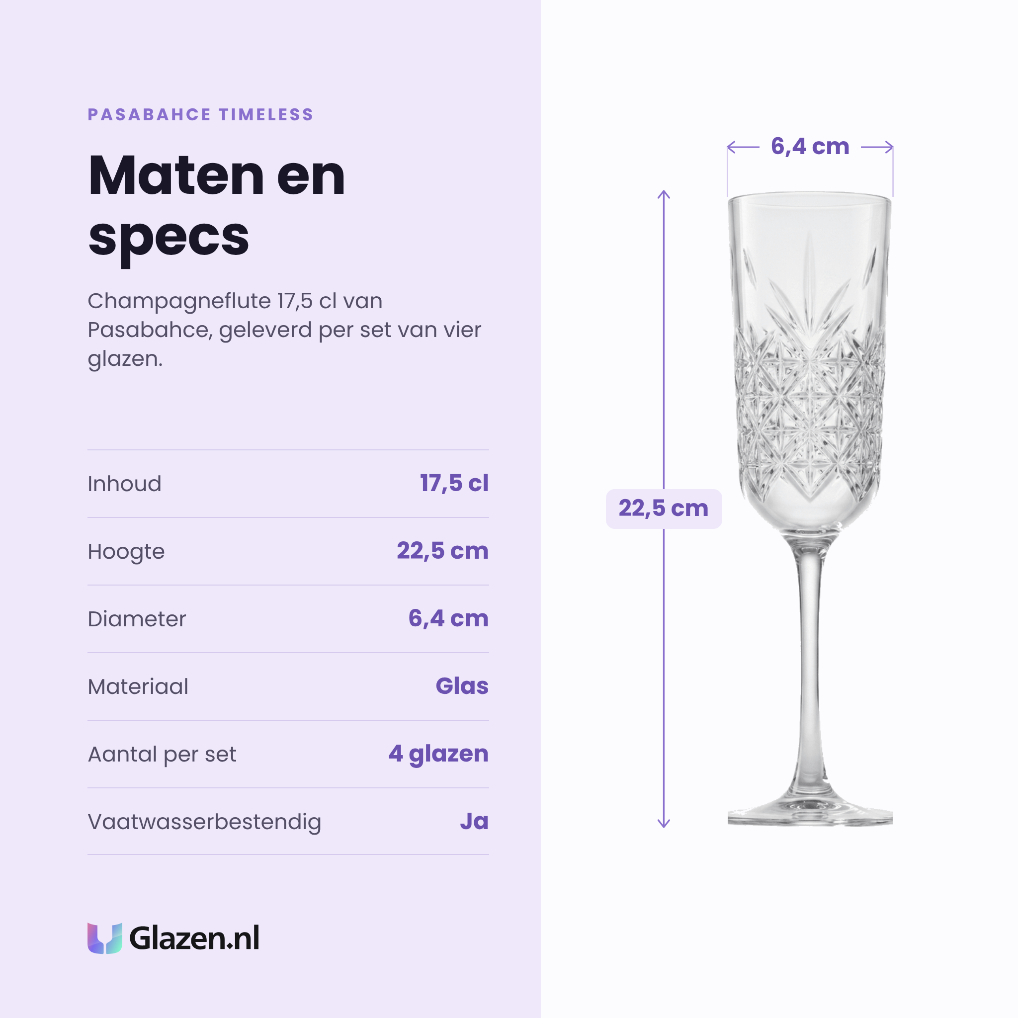 Pasabahce Timeless champagneflute 17,5 cl specificaties: inhoud 17,5 cl, hoogte 22,5 cm, diameter 6,4 cm, glas, set van 4