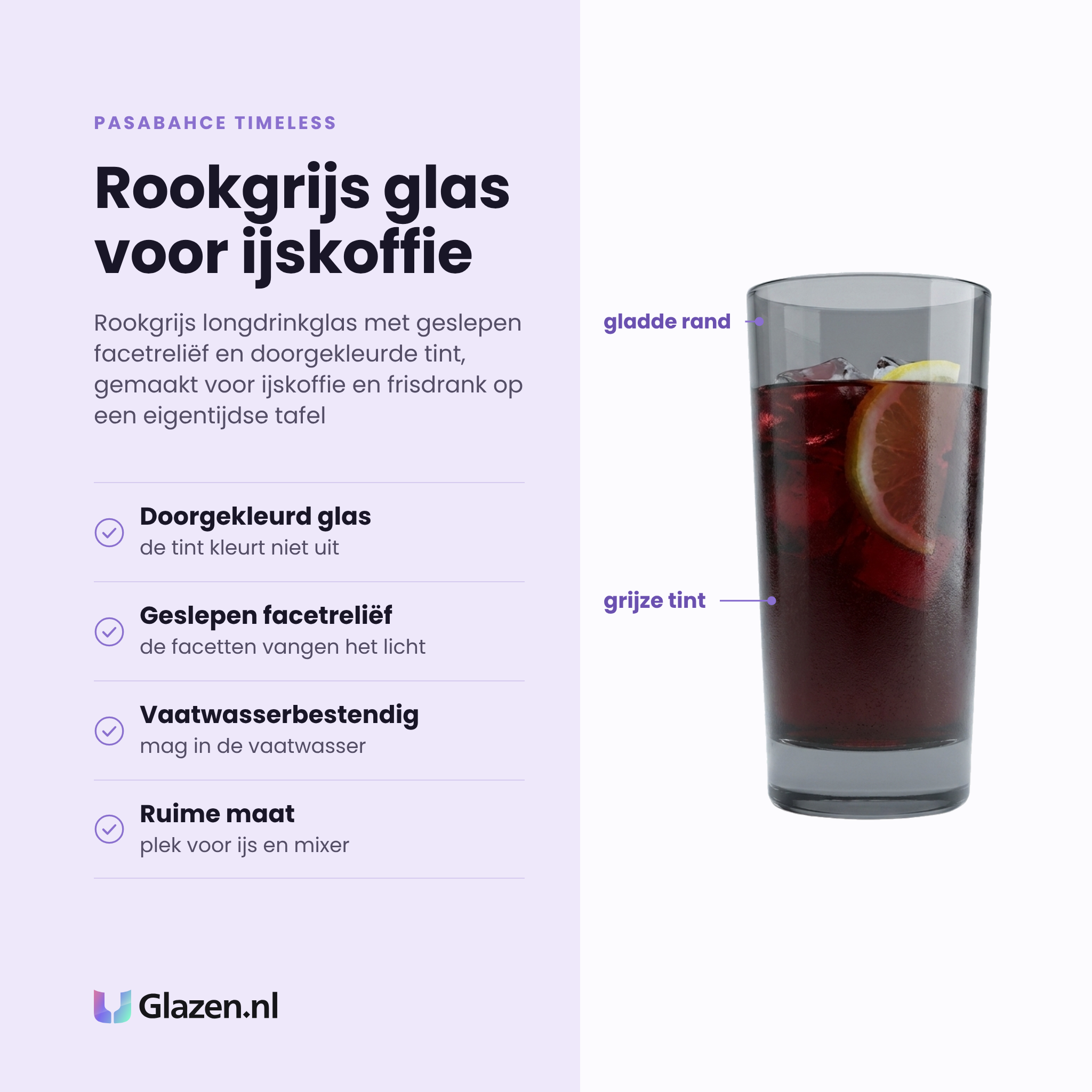 Pasabahce Timeless longdrinkglas 45 cl eigenschappen: doorgekleurd glas, geslepen facetreliëf, vaatwasserbestendig, ruime maat