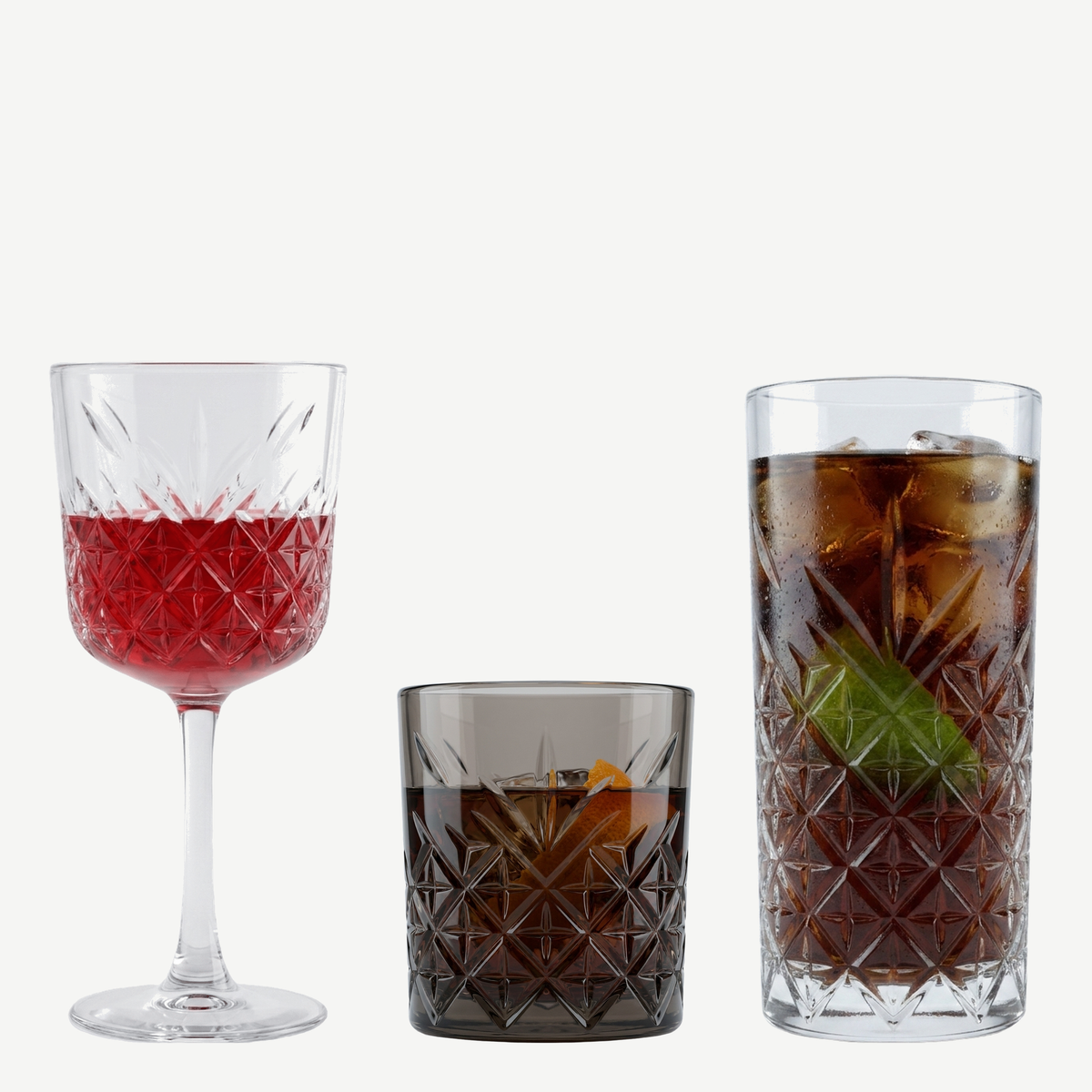 Pasabahce Timeless tafelset met wijnglas, tumbler en longdrinkglas gevuld