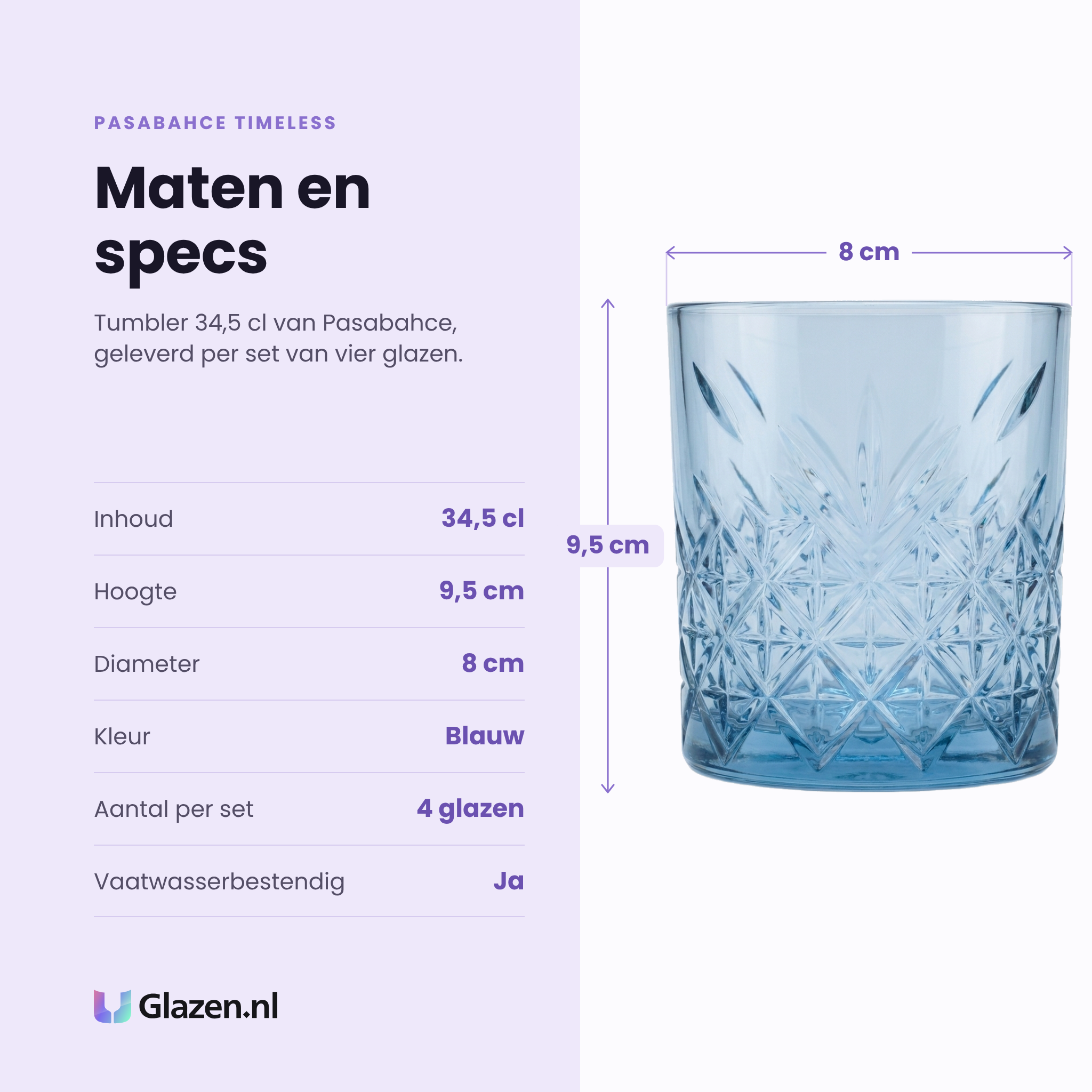 Pasabahce Timeless tumbler 34,5 cl specificaties: inhoud 34,5 cl, hoogte 9,5 cm, diameter 8 cm, blauw, set van 4
