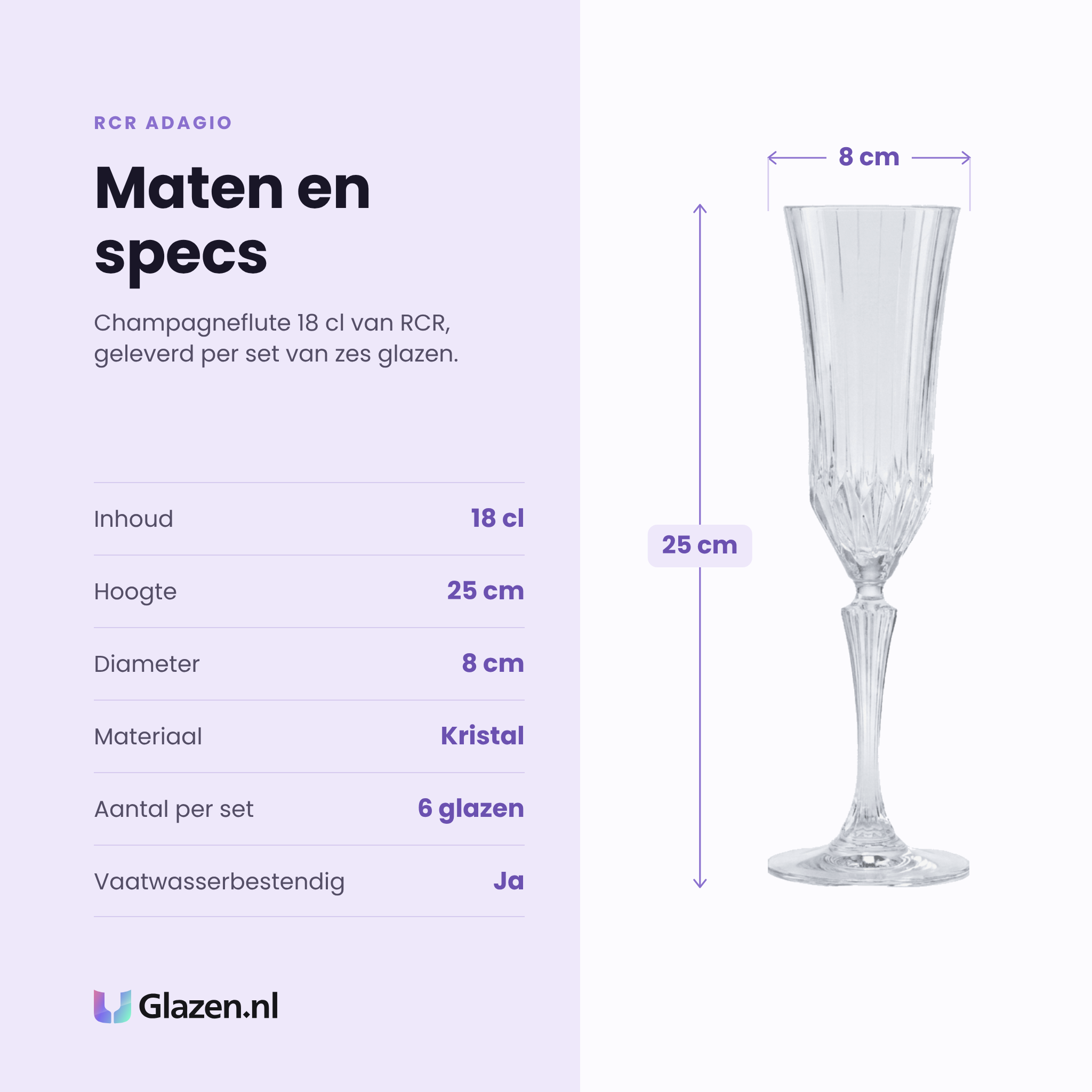 RCR Adagio champagneflute 18 cl specificaties: inhoud 18 cl, hoogte 25 cm, diameter 8 cm, kristal, set van 6
