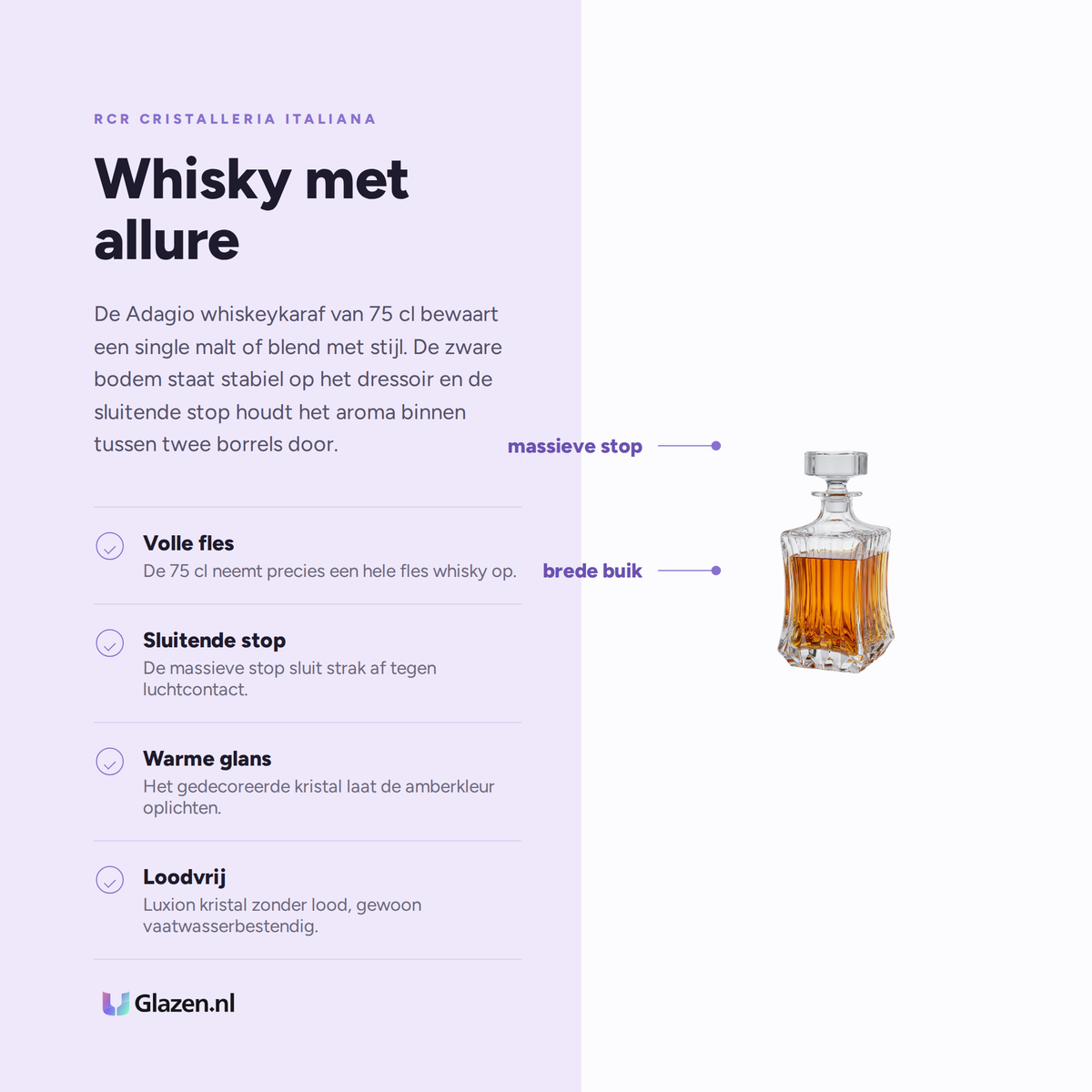 Eigenschappen van de RCR Adagio Whiskeykaraf 75 Cl