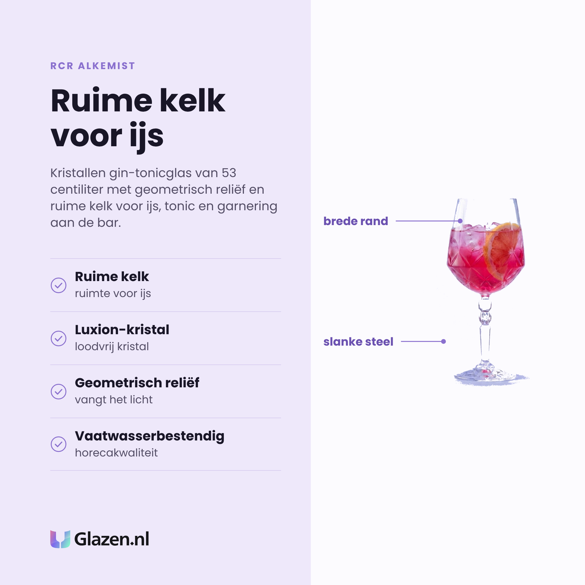 RCR Alkemist gin-tonicglas 53 cl eigenschappen: ruime kelk, luxion-kristal, geometrisch reliëf, vaatwasserbestendig