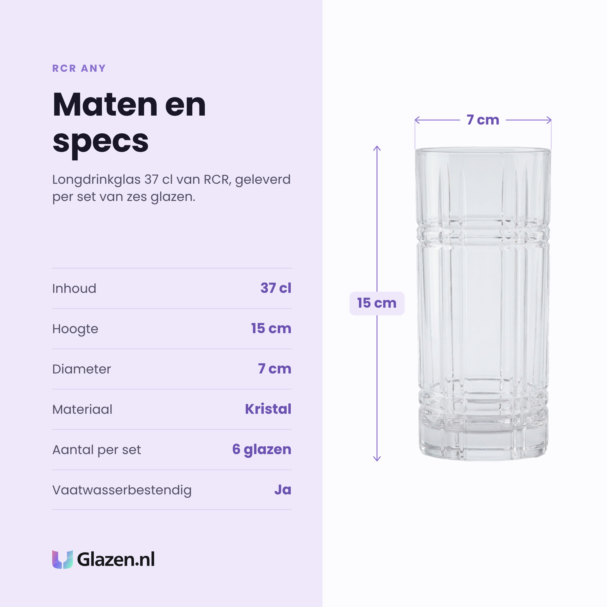 RCR Any longdrinkglas 37 cl specificaties: inhoud 37 cl, hoogte 15 cm, diameter 7 cm, kristal, set van 6