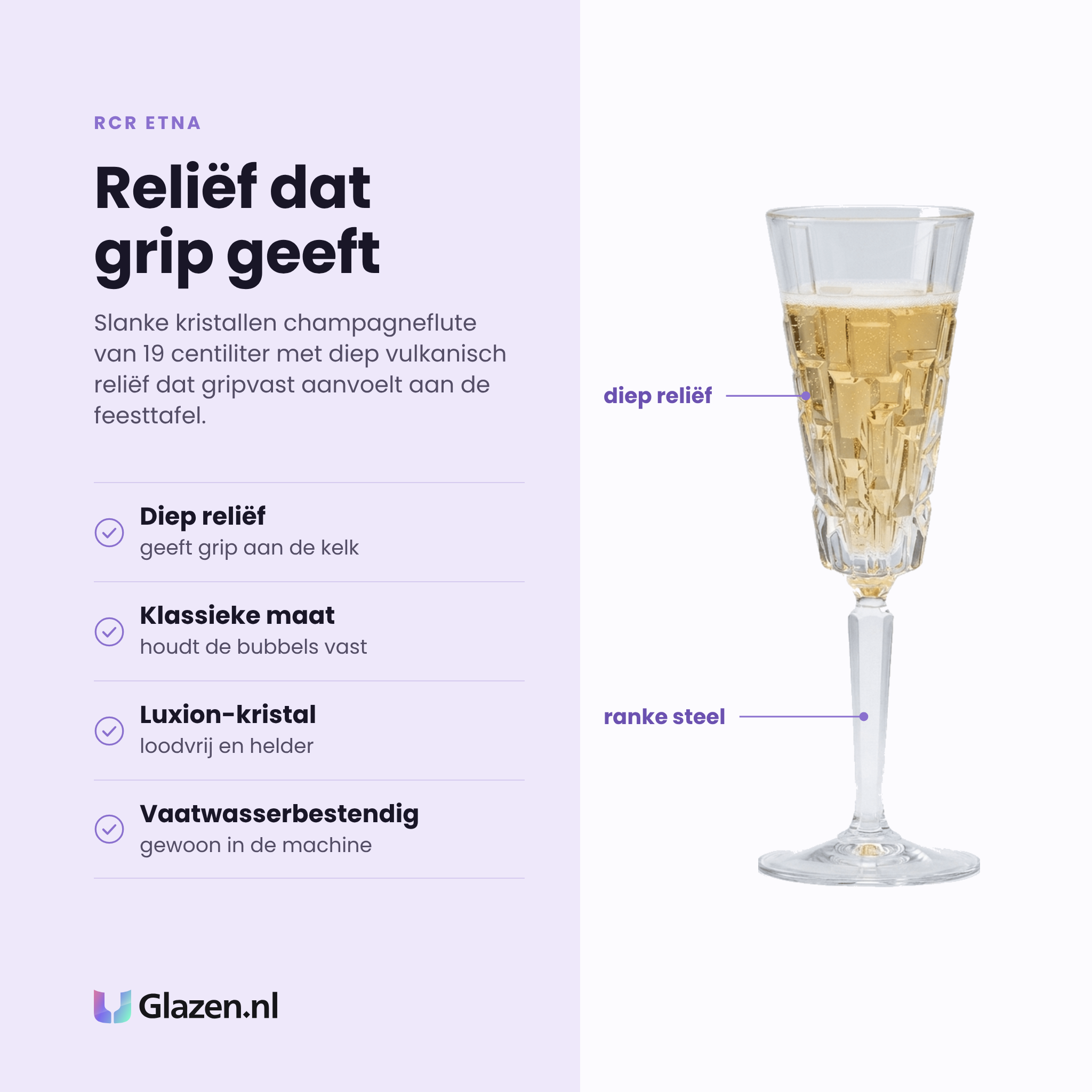 RCR Etna champagneflute 19 cl eigenschappen: diep vulkanisch reliëf geeft grip, klassieke maat houdt bubbels, loodvrij Luxion-kristal, vaatwasserbestendig