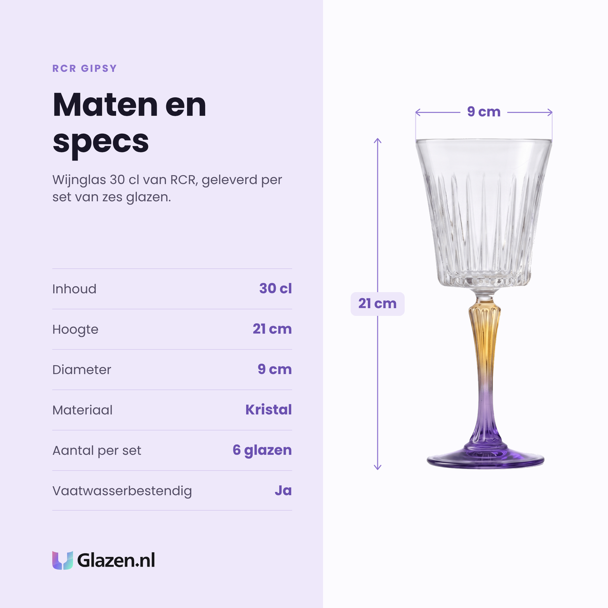 RCR Gipsy wijnglas 30 cl assorti specificaties: inhoud 30 cl, hoogte 21 cm, diameter 9 cm, kristal, set van 6