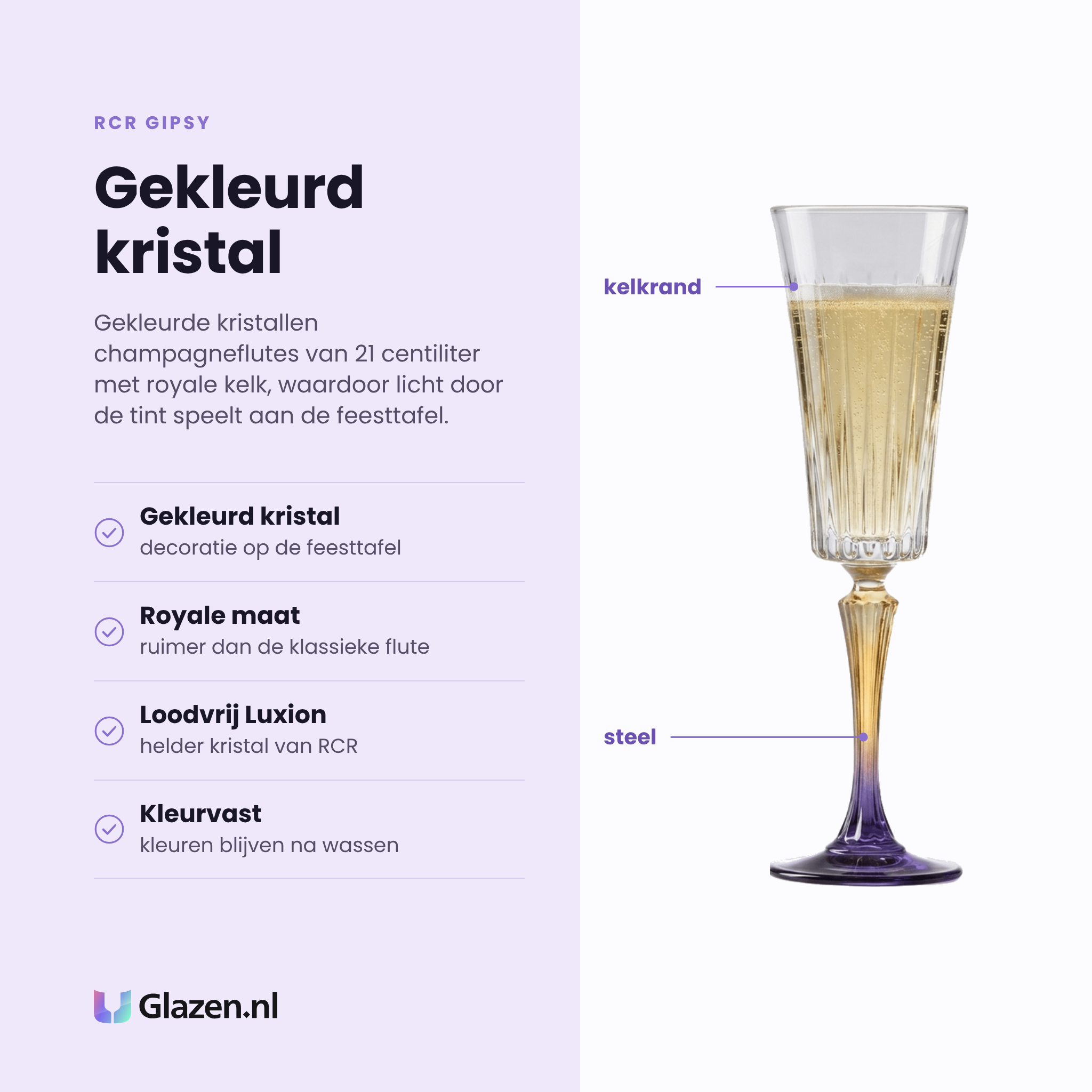RCR Gipsy champagneflute 21 cl eigenschappen: gekleurd kristal, royale maat, loodvrij Luxion-kristal, kleurvast na wassen