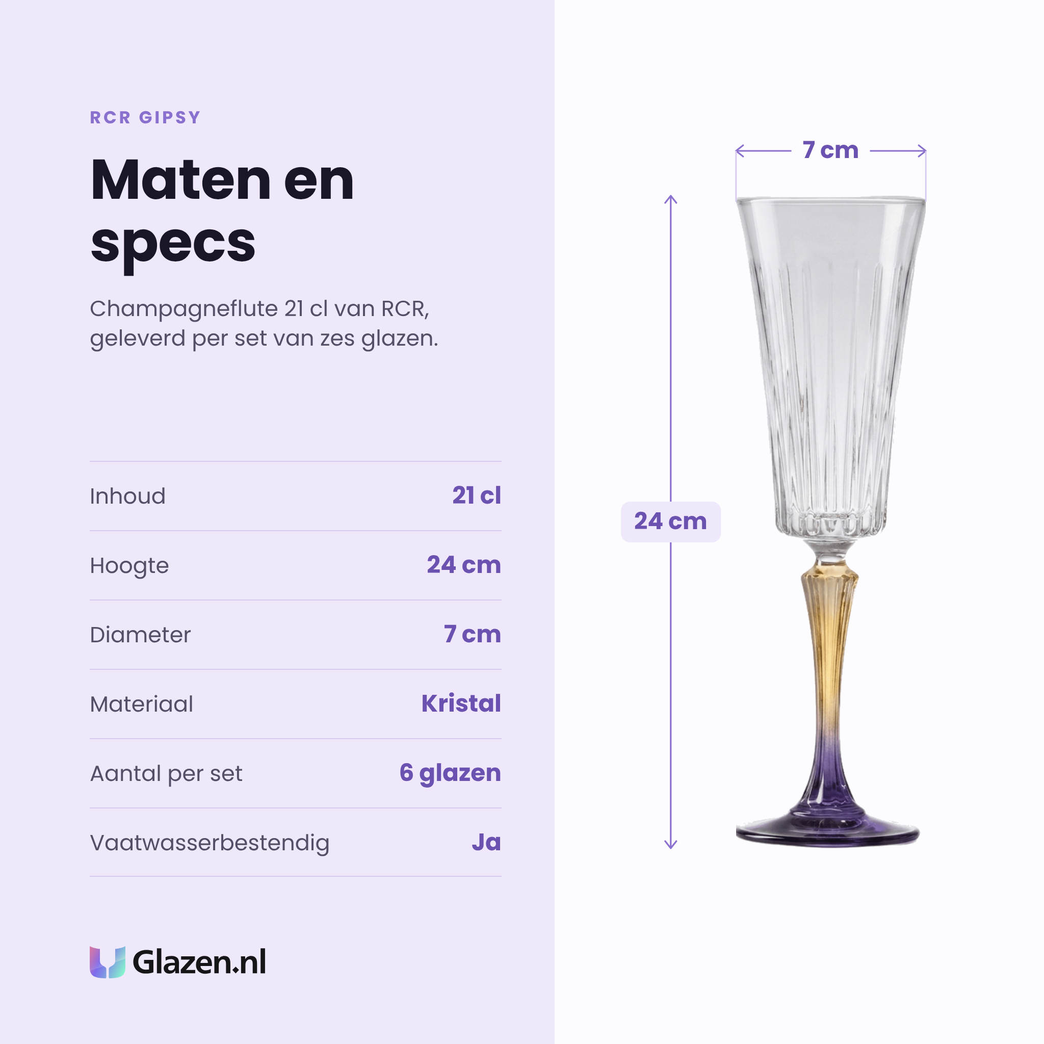RCR Gipsy champagneflute 21 cl specificaties: inhoud 21 cl, hoogte 24 cm, diameter 7 cm, kristal, set van 6